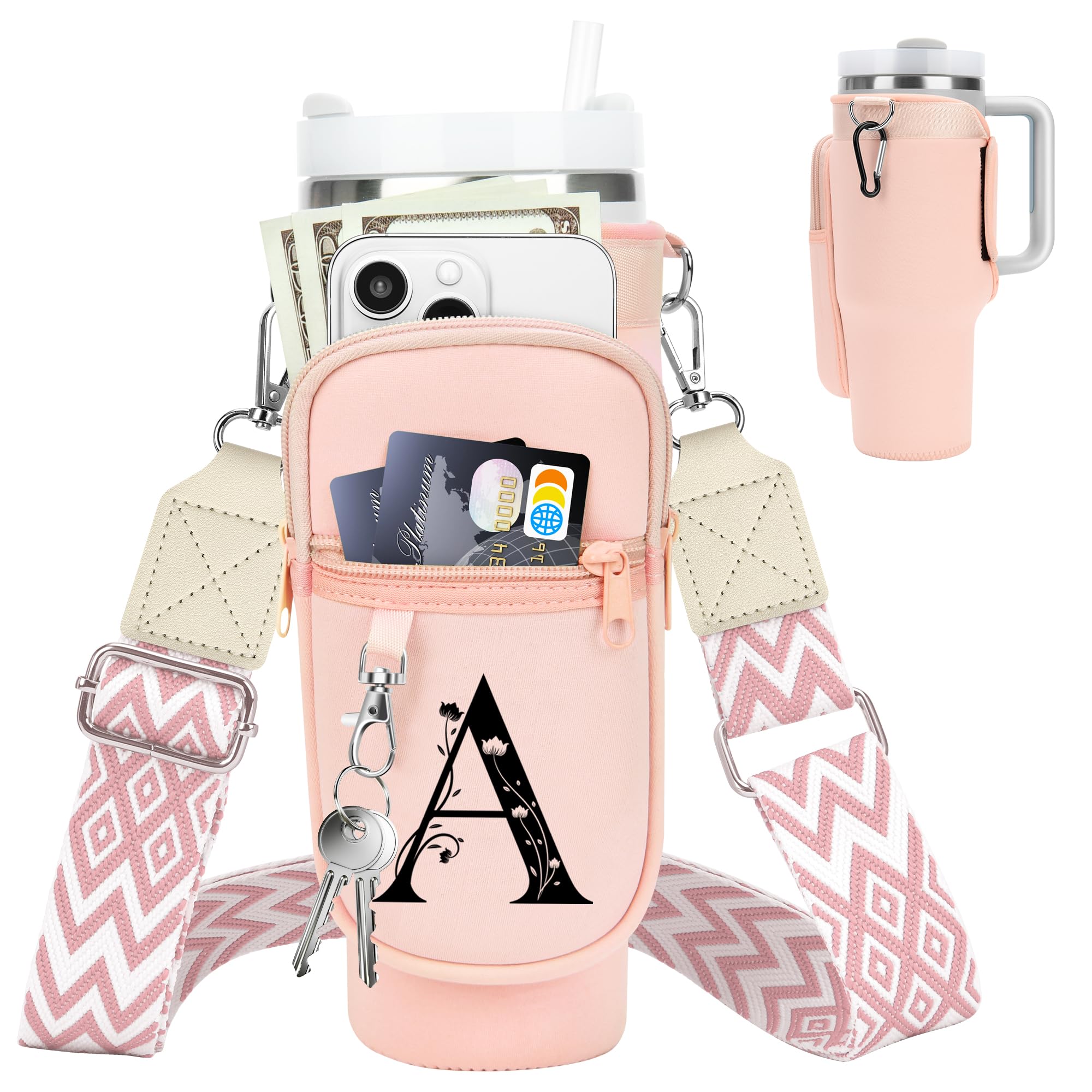 LOKASS for Stanley Cup Accessories 40 oz Water Bottle Carrier Bag with Phone Pocket for Stanley Tumbler Holder with Strap, Personalized Gifts with Floral Initial A-Z for Women/Girls/Stanley Cup Fans