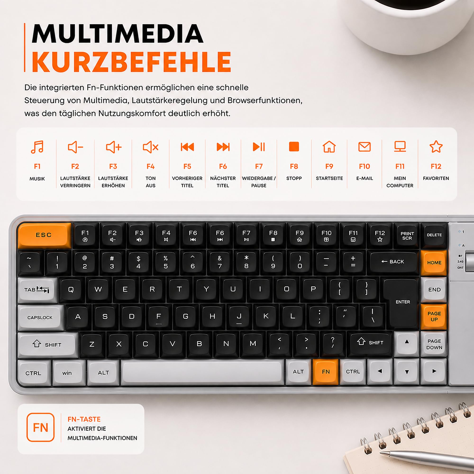 KRUX Zyro 75%, Bezprzewodowa klawiatura membranowa 84 klawisze, Bluetooth + 2,4 GHz + USB-C, cicha, układ US ANSI, Windows/Mac/Linux/Android, szaro-żółta, retro design