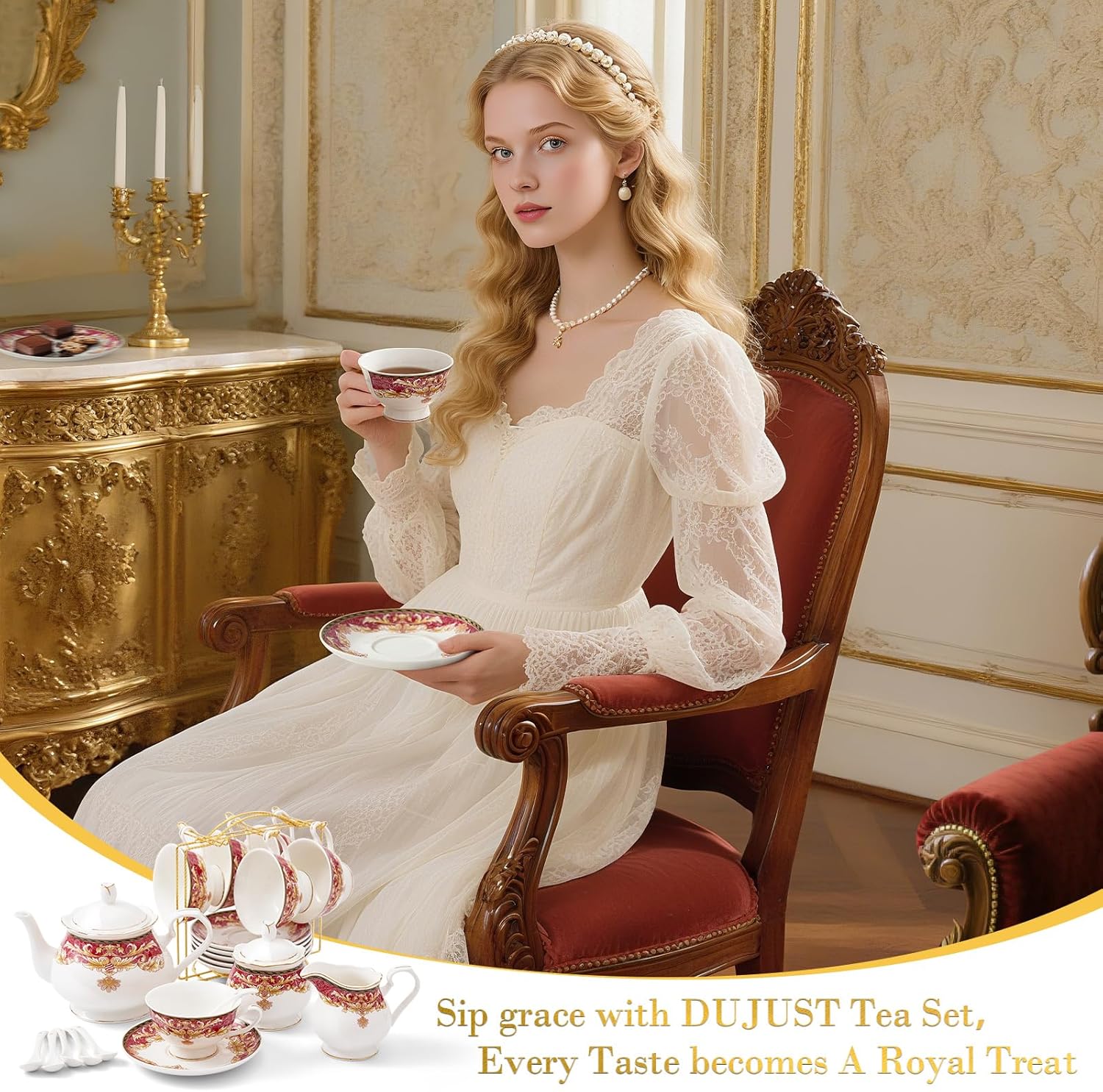DUJUST 22 pcs Royal Vintage Porcelain Tea Set for 6, Luxury British Tea Sets for Adults with Red Patterns & Golden Trim, Beautiful Floral Tea/Coffee Cup Set, Gift Package - Royal Treat for You - Image 2