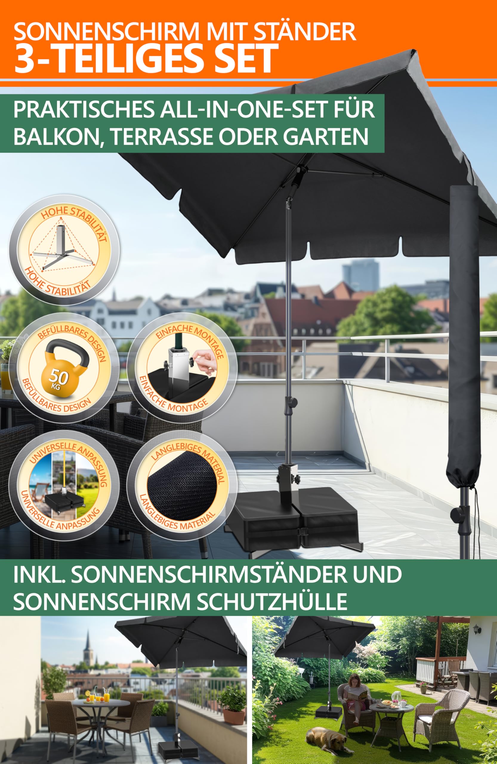 4smile Sonnenschirm rechteckig 200x125cm + Sonnenschirmständer + Schirmhülle - Sonnenschutz Balkon Set 3-teilig, Sonnenschirm Balkon mit Ständer - Balkonschirm knickbar höhenverstellbar