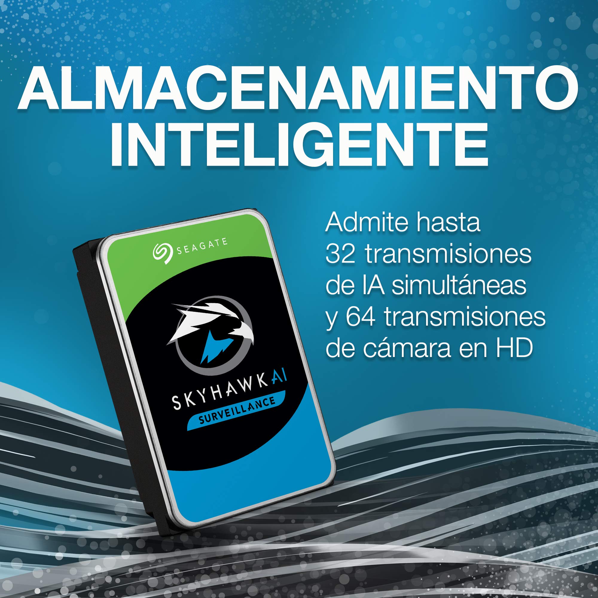 Seagate SkyHawk AI, 16 TB, Unidad Disco Duro Interna de Vigilancia, SATA a 6 GB/s, Caché de 256 MB, DVR, Sistema de cámaras de seguridad NVR y 3 años de servicios Rescue (ST16000VE000)