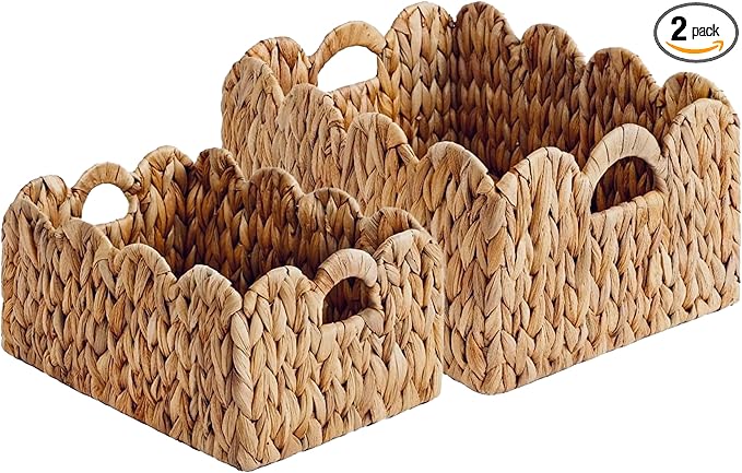 Set of 2 Scalloped Edge Wicker Storage Basket with Built-in Handles, Rectangle Water Hyacinth Basket for Organizing, Decorative Woven Rattan Baskets