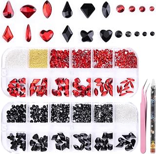 Black Red Nail Art Rhinestones Kit Flatback Red Nail Gems and Charms Black Rhinestones for Nails Half Round Nail Beads Multi Shapes Crystal Glass Stones Bling Diamond Nail Supplies