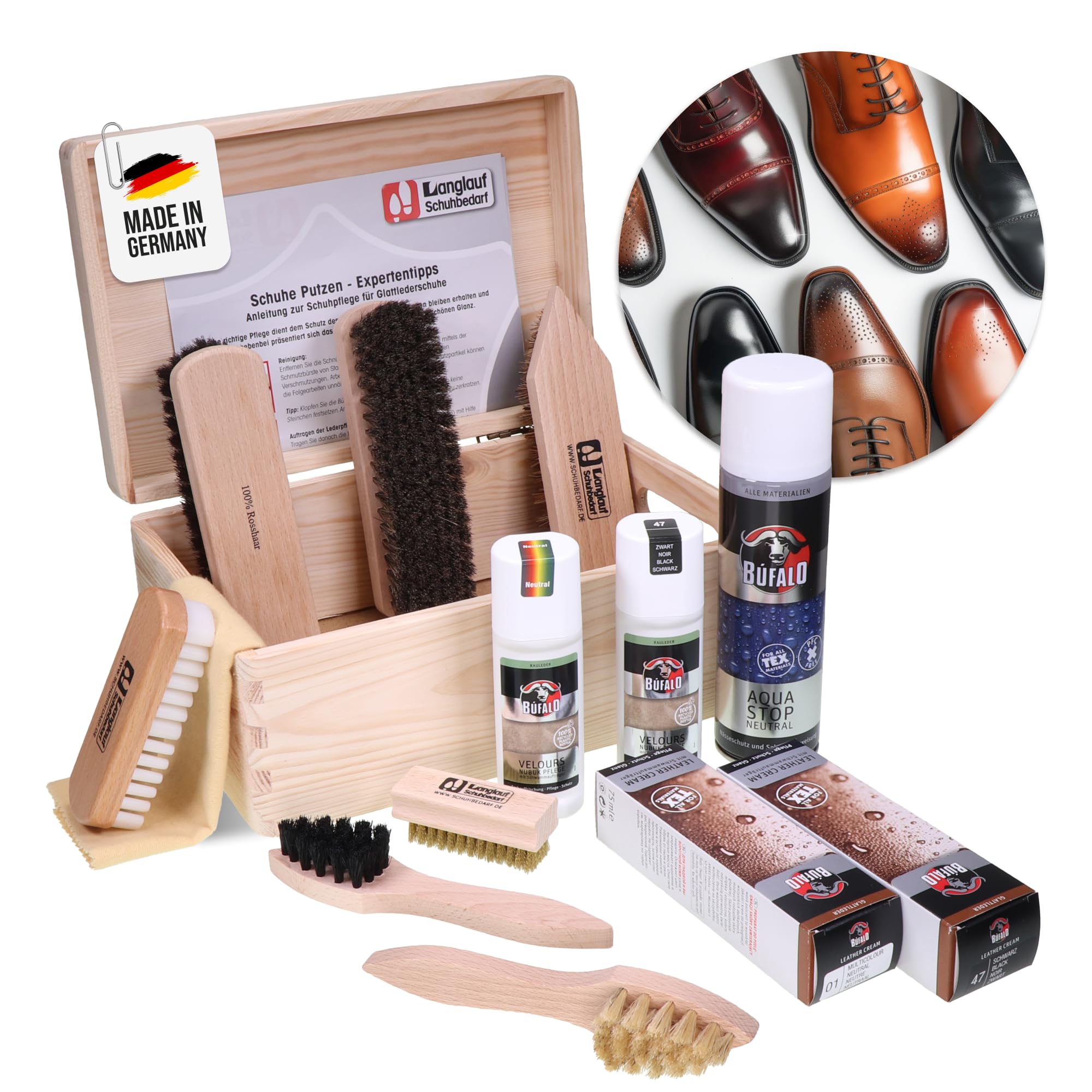 Langlauf Schuhputzset Bologna 15-teilig mit Bürsten, Cremes und Holzkasten | Schuhpflegeset mit Rosshaar-, Nubuk- und Wildlederbürsten sowie Pflegeprodukten für Glattleder, Nubuk und Veloursleder