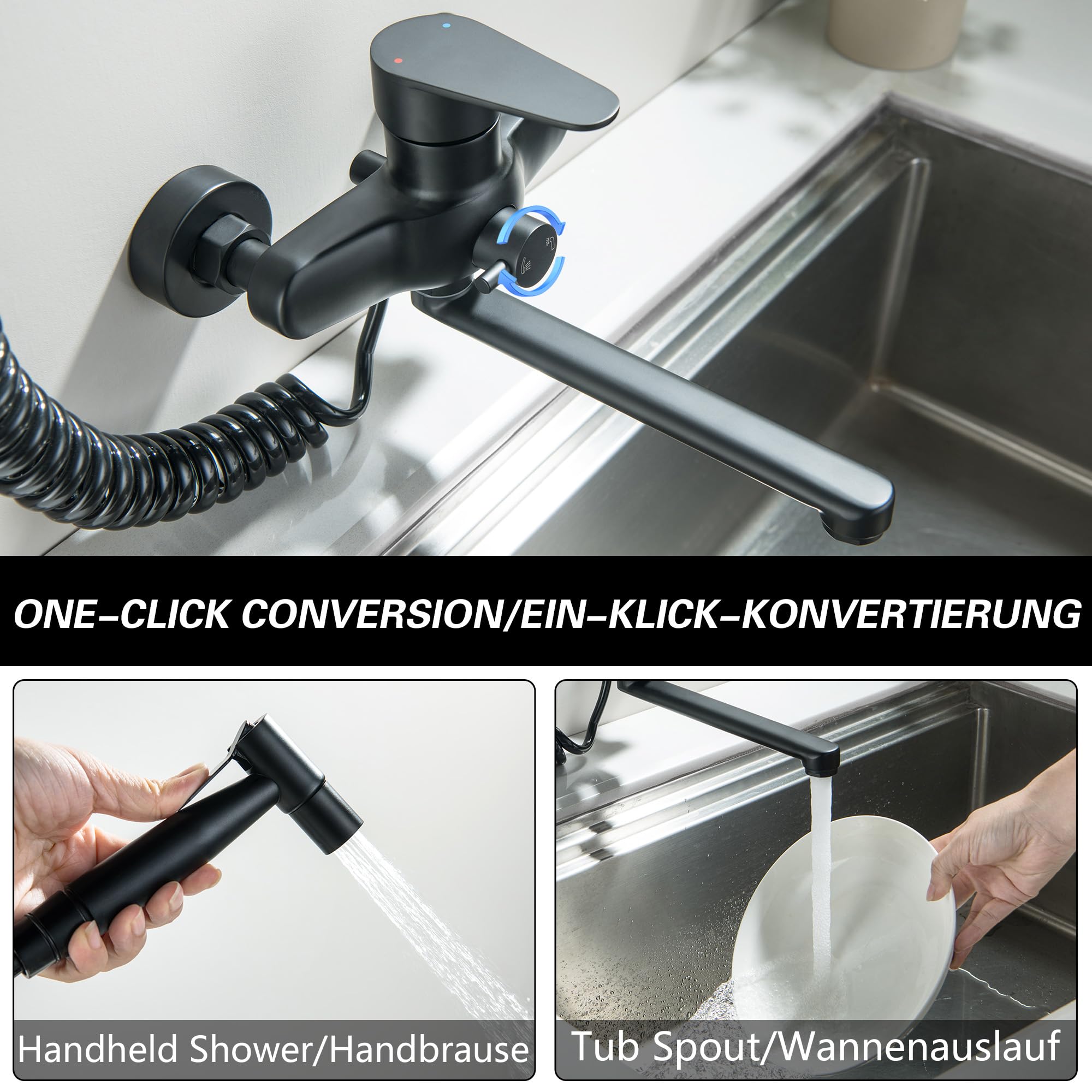 LIWEIKE Matt Schwarz Wasserhahn Küche Wandmontage mit 23cm und 360° Drehbare Auslauf Küchenarmatur Wandmontage mit Spritzpistole Wandarmaturen für Küche Edelstahl