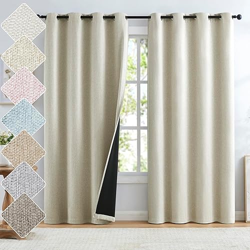 Cortinas opacas de lino natural para dormitorio de 84 pulgadas de largo, con aislamiento térmico y reducción de ruido, paneles de cortina rústica de