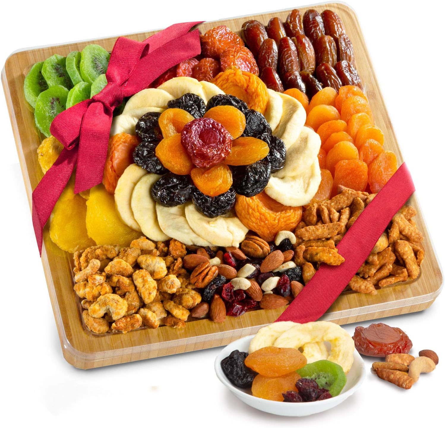 Dried Fruit and Gourmet Snacks Gift on Bamboo Cutting Board Serving Tray