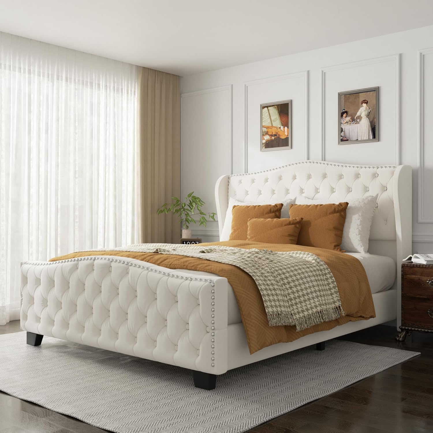 Queen Size Platform Bed Frame with 51-inch Tall Camelback Headboard & Wingback, Deep Button Tufted Footboard with Nailhead Trim, No Box Spring Needed, Beige