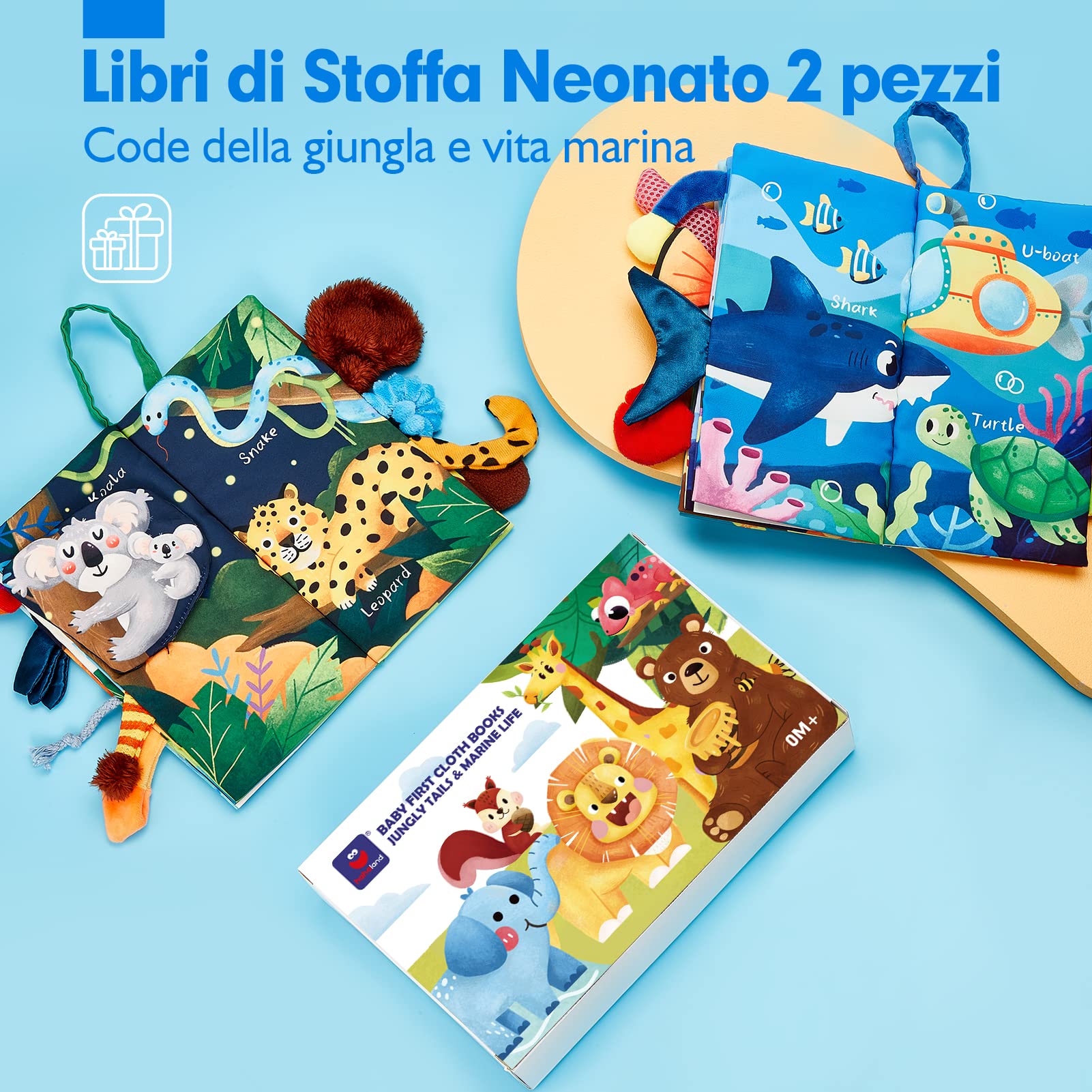 hahaland Libri di Stoffa Neonati 2 Pezzi - Libretti Morbidi Giungla Sensoriali, Libro Tattile per Tummy Time 0-12 Mesi