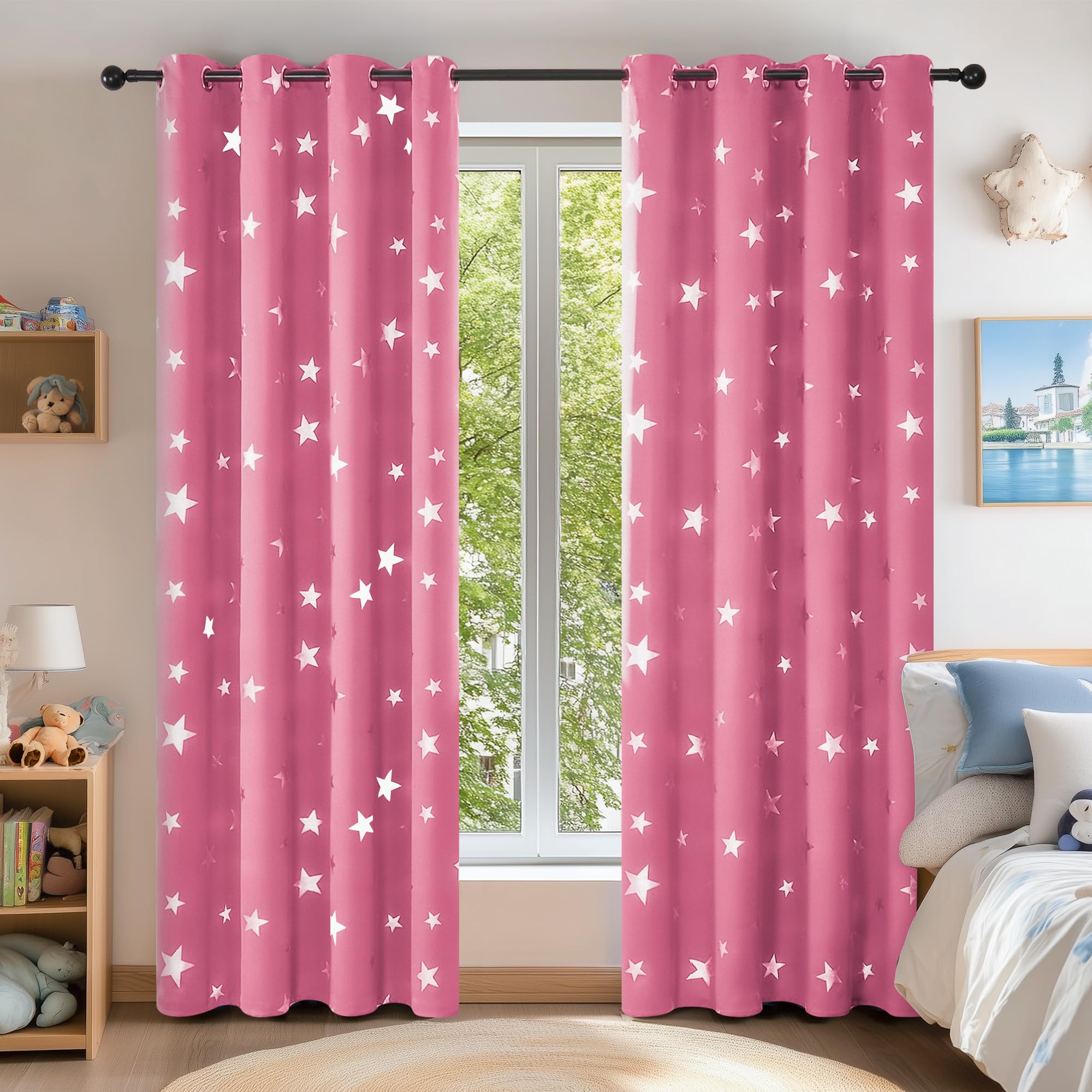 Deconovo Pink/Silver Star Blackout Curtains Kids Stars Foil Printed Thermal Insulated Eyelet Blackout Curtains For Nursery 46 X 54 Inch 1 Pair