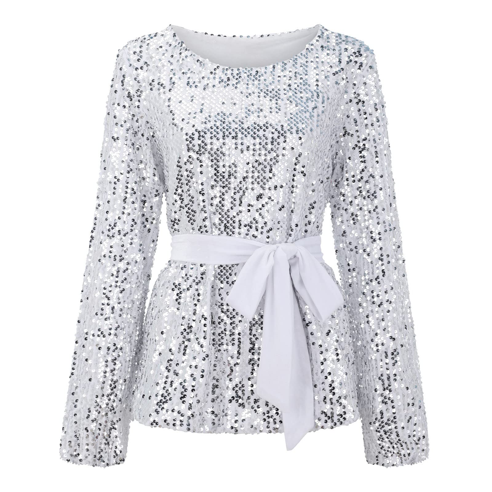 Maglia da donna a vita con paillettes alla moda, con fascia in velluto, a maniche lunghe