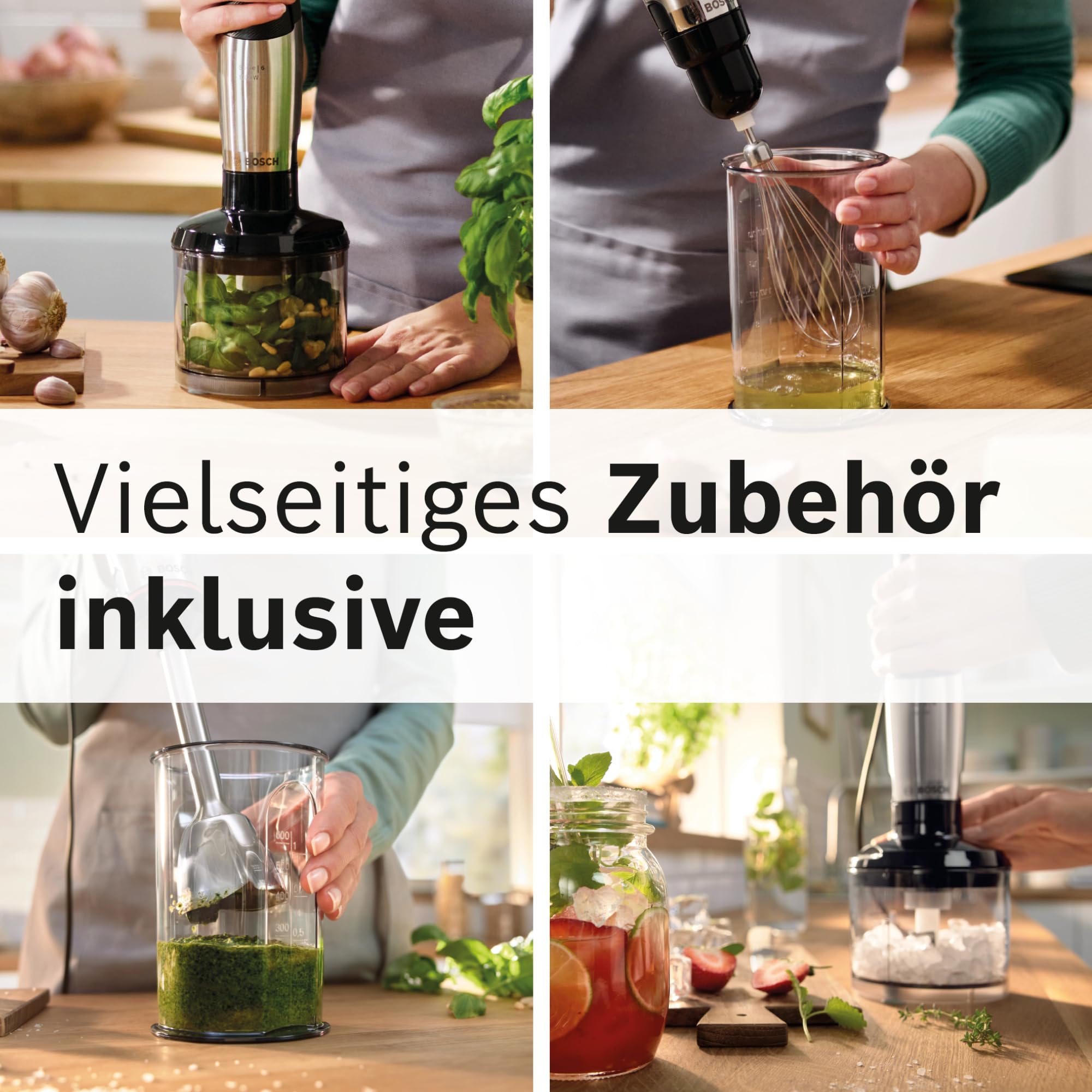 Bosch Stabmixer ErgoMaster Serie 6, mit Zerkleinerer, Schneebesen, Mixbecher, Edelstahl-Klingen, verschleißfreie Keramik-Kupplung, langlebig, Luftkühlung, 1000 W, Edelstahl, MSM6M622