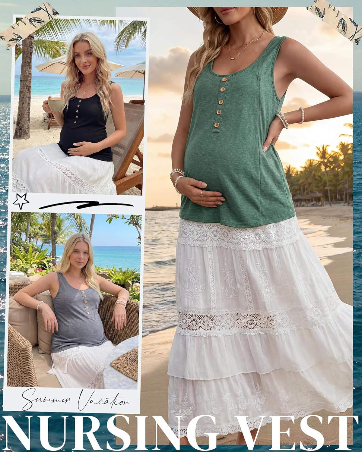 Cutecrop 3 Pack Womens Nursing Tank Tops Hidden Zippers Sleeveless Breastfeeding Shirts Scoop Neck Loose Fit Maternity Tops
