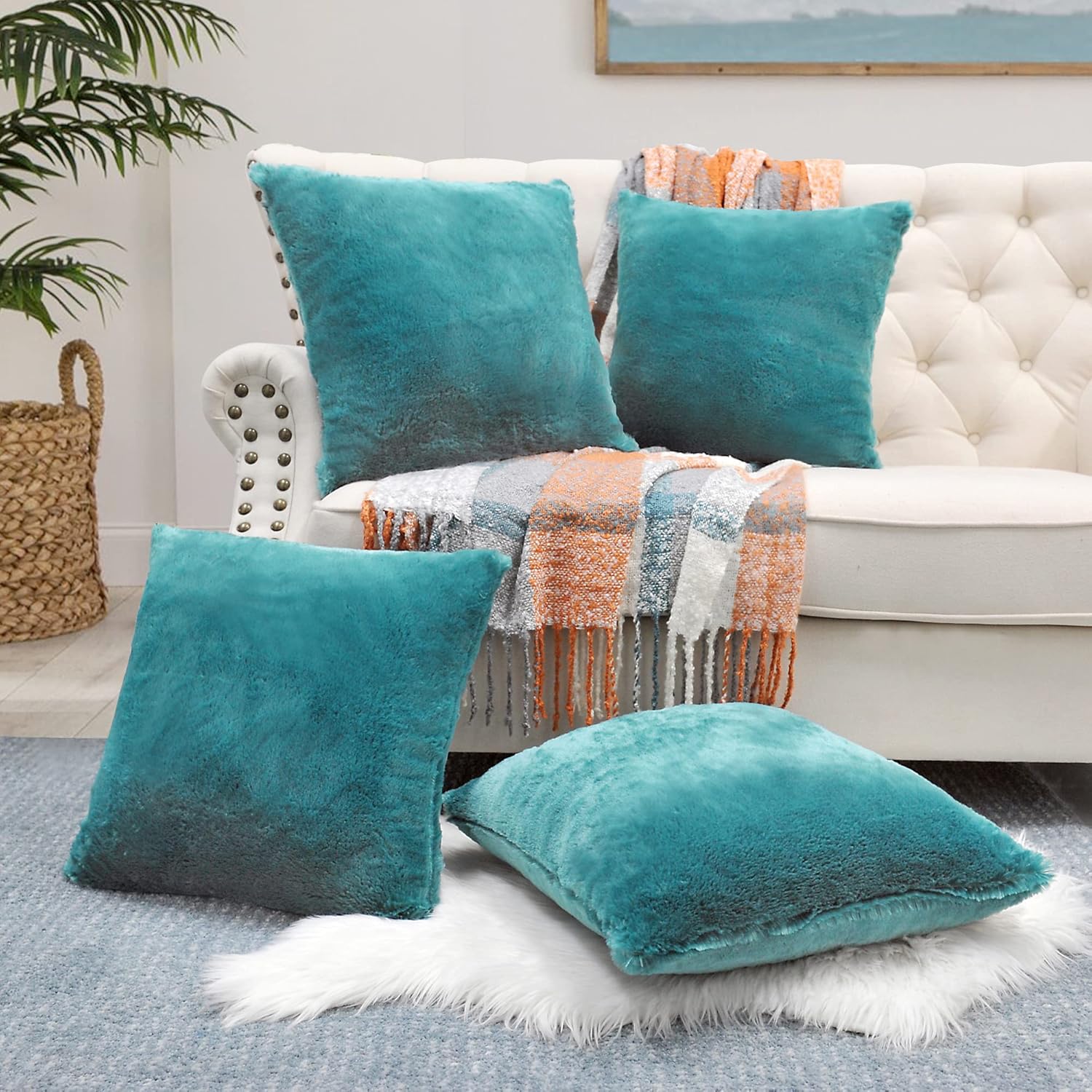 Faux Fur Decorative Square Throw Pillow Covers 20 x 20 Inches Set of 4, Plush Fluffy Fuzzy Soft Luxury Cushion Case Pillowcase for Couch Bed Car Bedroom Living Room, Deep Lake