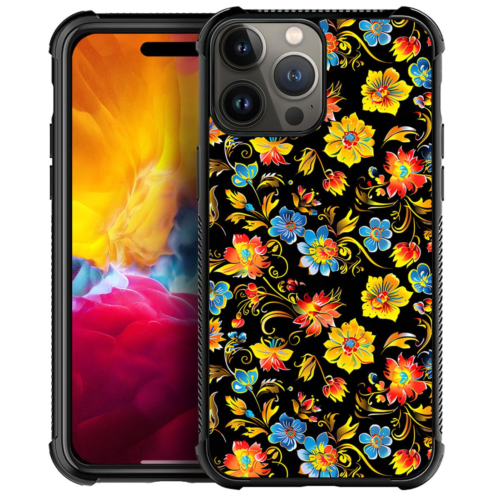 ZHEGAILIAN Case Compatible with iPhone 15 Pro Max,Colorful Flowers in Artistic Style Cases,Tempered Glass Back+Soft Silicone TPU Shock Protective Case