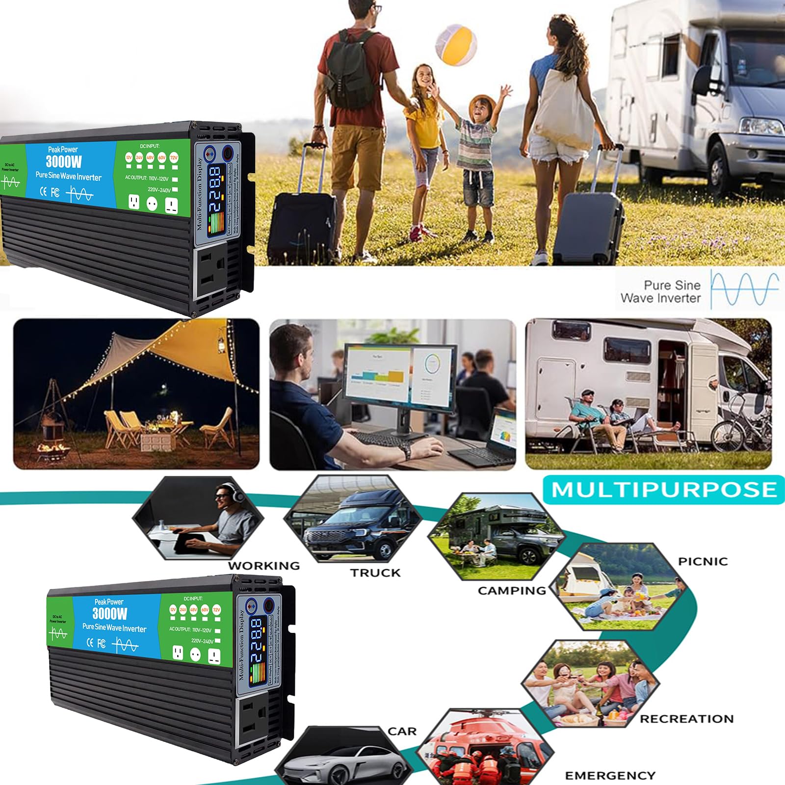 72V A 110V 3000 Watt Pure Sine Wave Inverter, DC 12V A 220V AC Power Inverter per Veicolo, RV, Camion, off-Grid, Auto Power Inverter