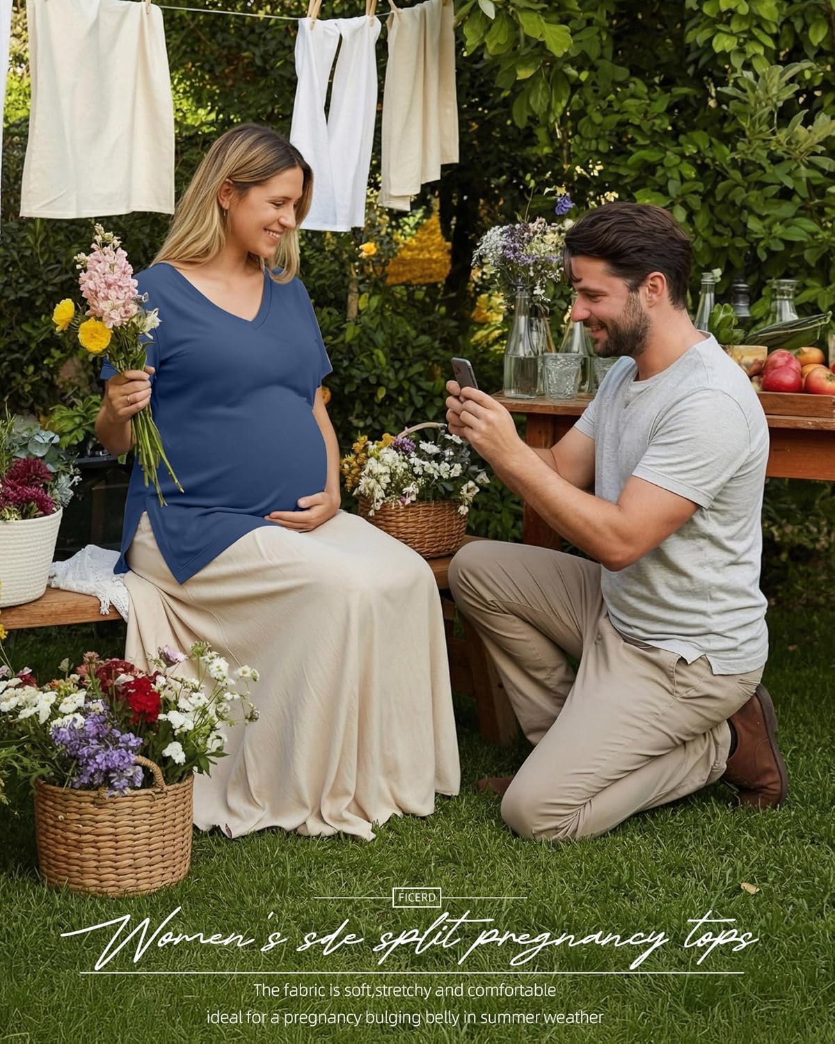 Ficerd 3 Pack Women's Maternity Shirts Short Sleeve Pregnancy T-Shirts V Neck Split Side Tops Casual Soft Maternity Clothes