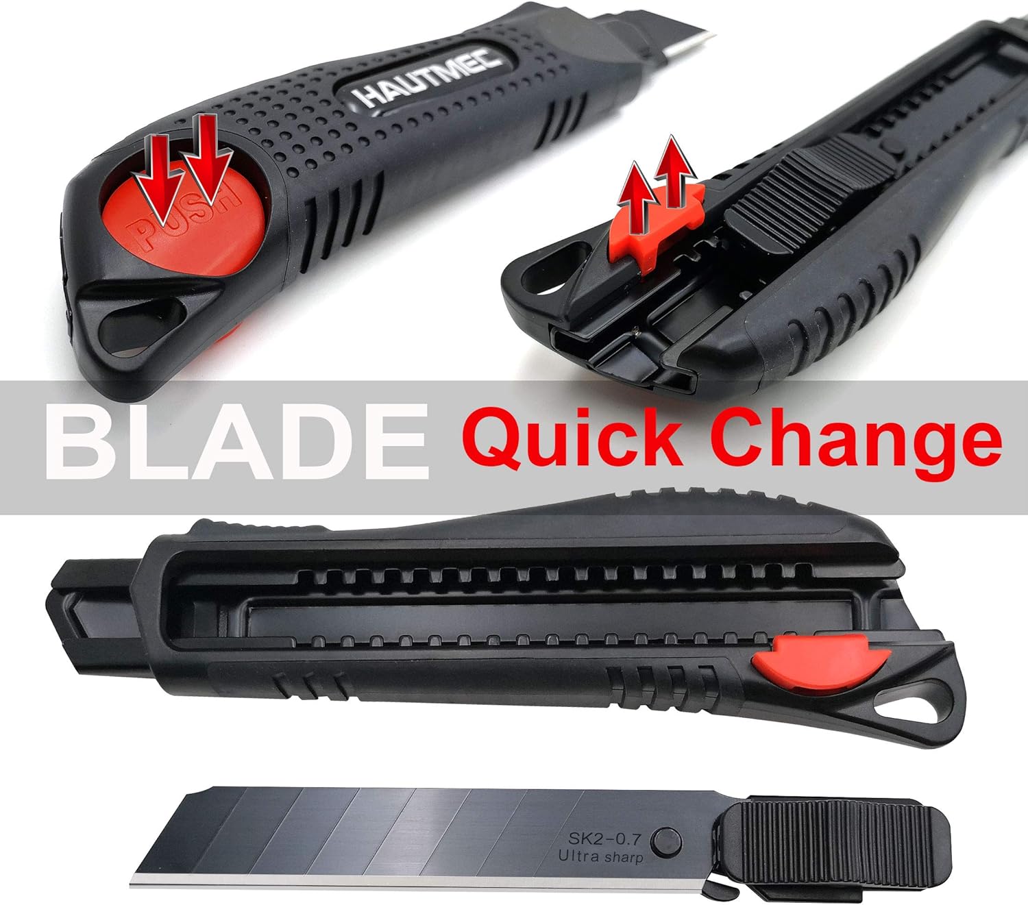 Bеѕt Cуbеr Mоndау 🔥 HAUTMEC Easy Loading Retractable Snap Off Heavy Duty 18mm Utility Knife Box Cutter Art Knife, with Extra 10 Pieces SK2 Rust Proof Sharp Blades, For Cutting Boxes, Carpet, Rope, Cardboard HT0094-KN