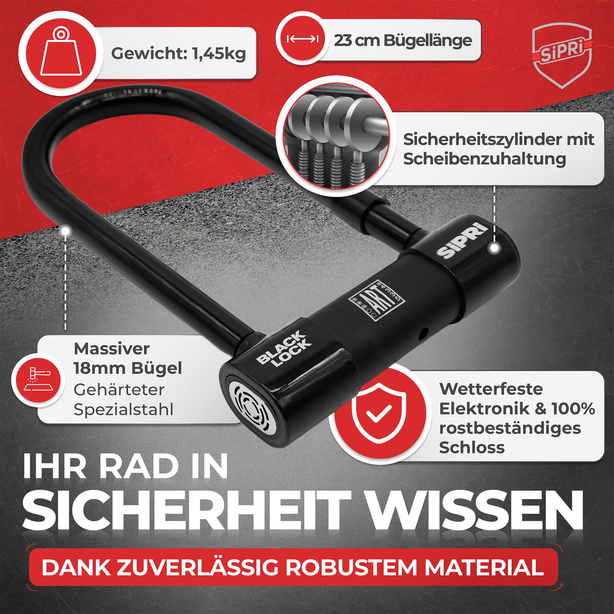 SIPRI® Fahrradschloss mit Alarm 120 dB | Gehärtetes Bügelschloss für E-Bike | E-Scooter & Motorrad | 14 mm Stahl | 230 mm | wetterfest | Diebstahlschutz | Schloss mit Schlüssel | robust & sicher