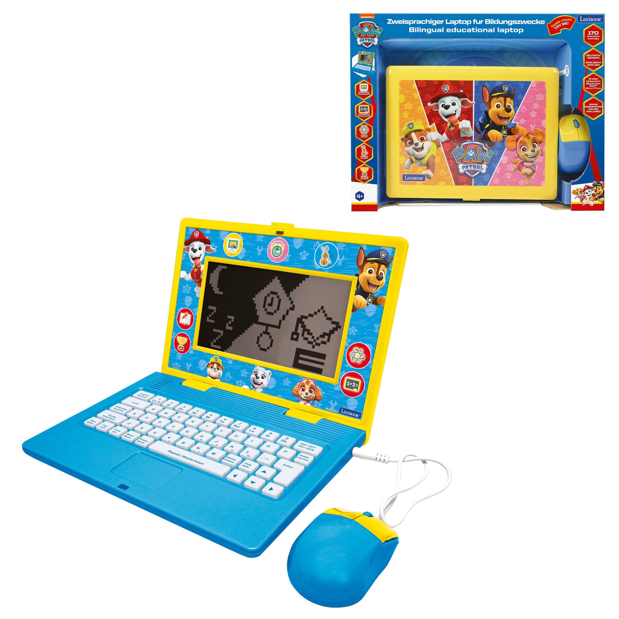 Lexibook, Psi Patrol, dwujęzyczny i edukacyjny laptop w języku niemieckim/angielskim, zabawka dla dzieci, 170 aktywności do nauki, gier i muzyki, duży ekran, niebieski/żółty, JC599PAi3LXB