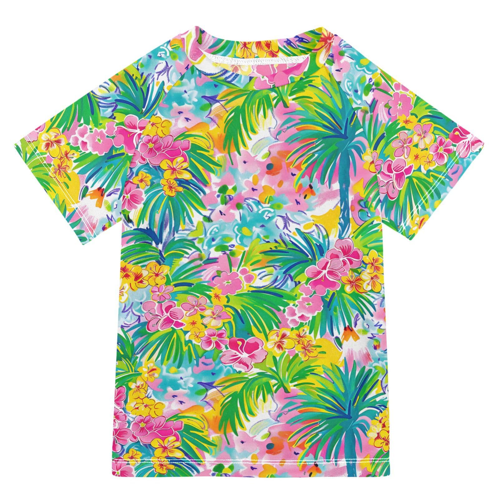 ALAZA Boys Rash Guard Swimming Shirt for Boys Short Sleeve Plumeria Flowers UPF 50+ 5-6T