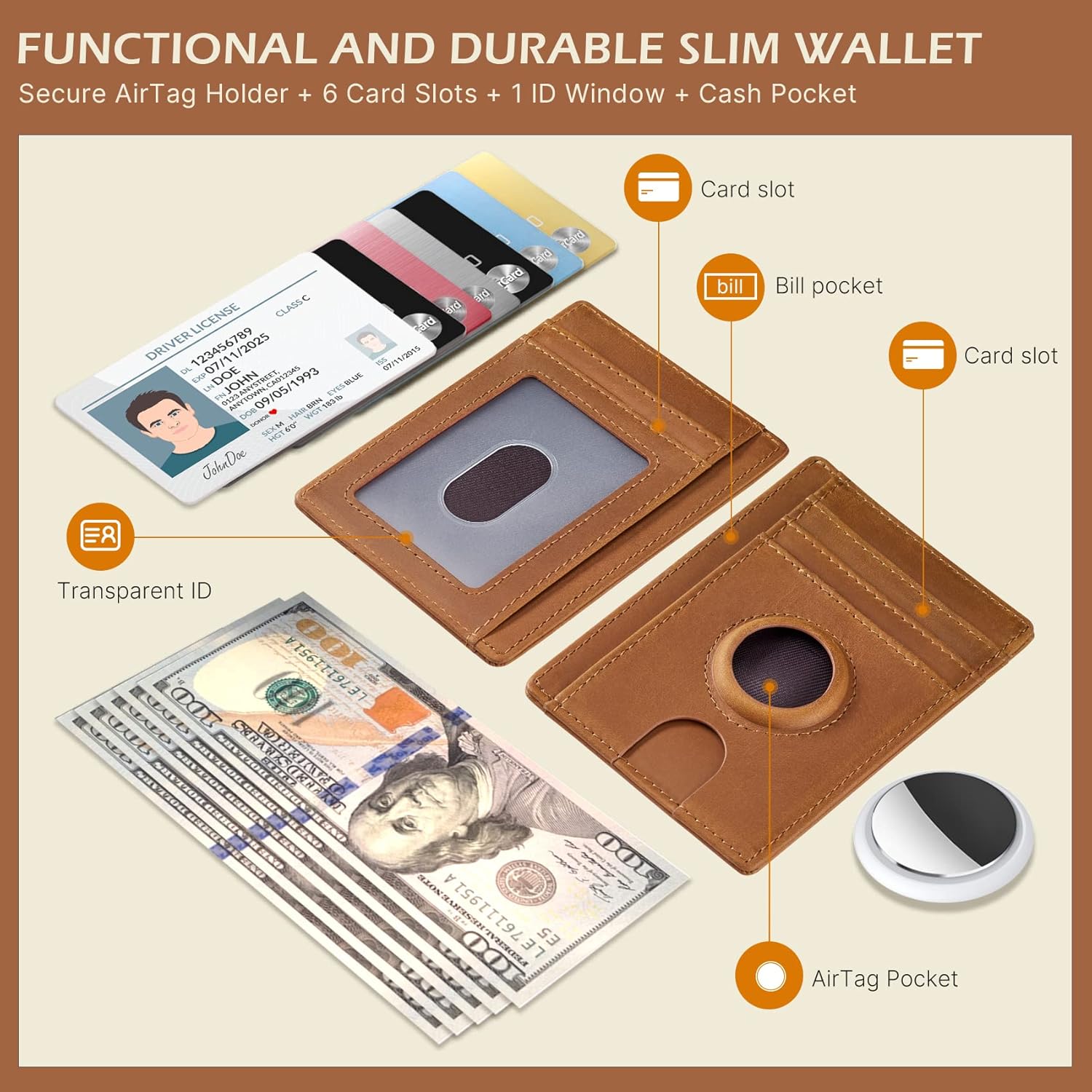 typecase Slim Minimalist Card Mens Wallet for AirTag, Front Pocket Premium Crazy Horse Leather Wallet with AirTag Holder, RFID Blocking Cash Credit Card Wallet Compatible with AirTag (Yellow) - Image 2