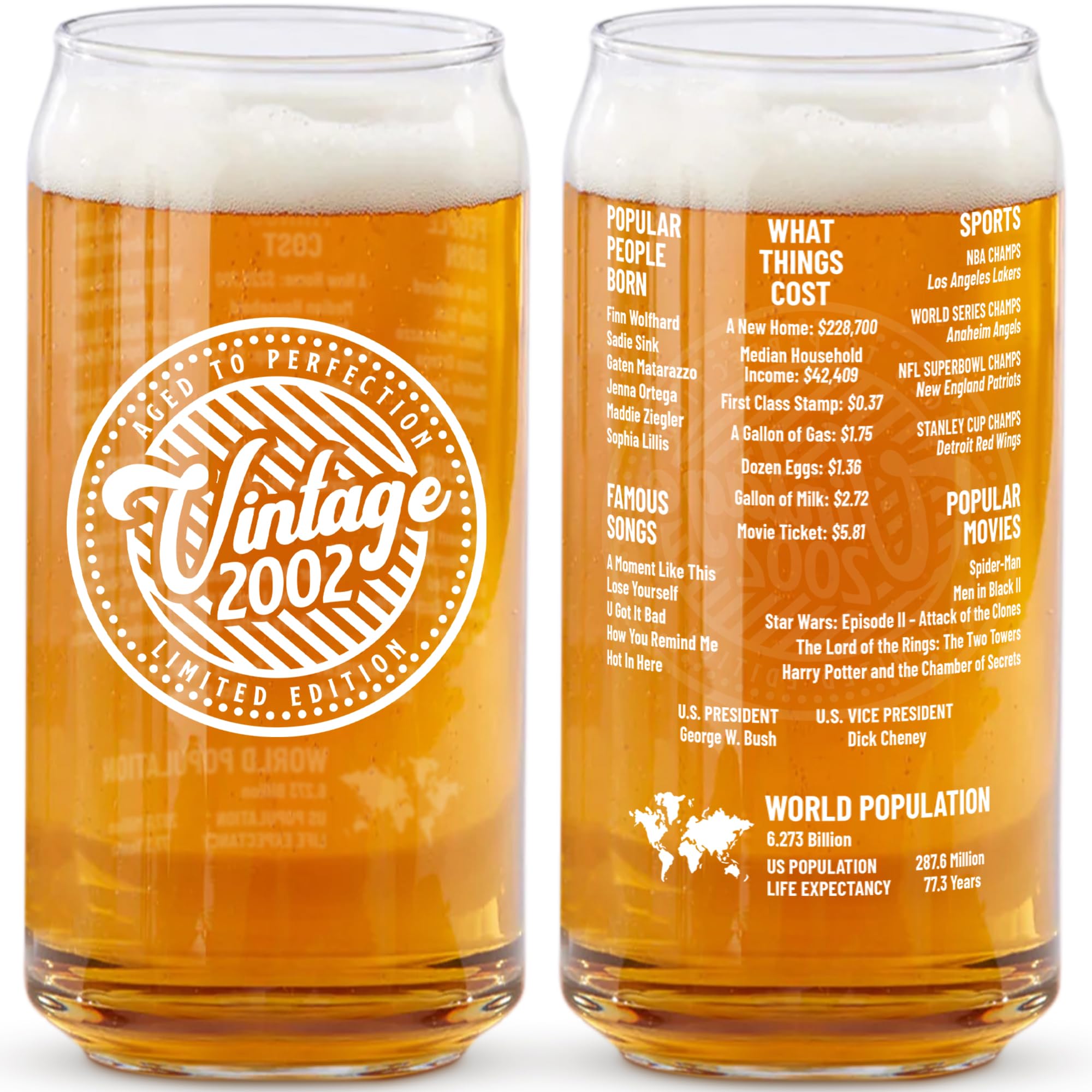 21st Birthday Gift For Men - Birthday Beer Gifts 20 Oz 2-Sided Beer Can Glass (1 Count) - Funny Vintage Glass for His or Her 21st Birthday - Unique Party Gift for 21 Year Old Men & Women (2002)