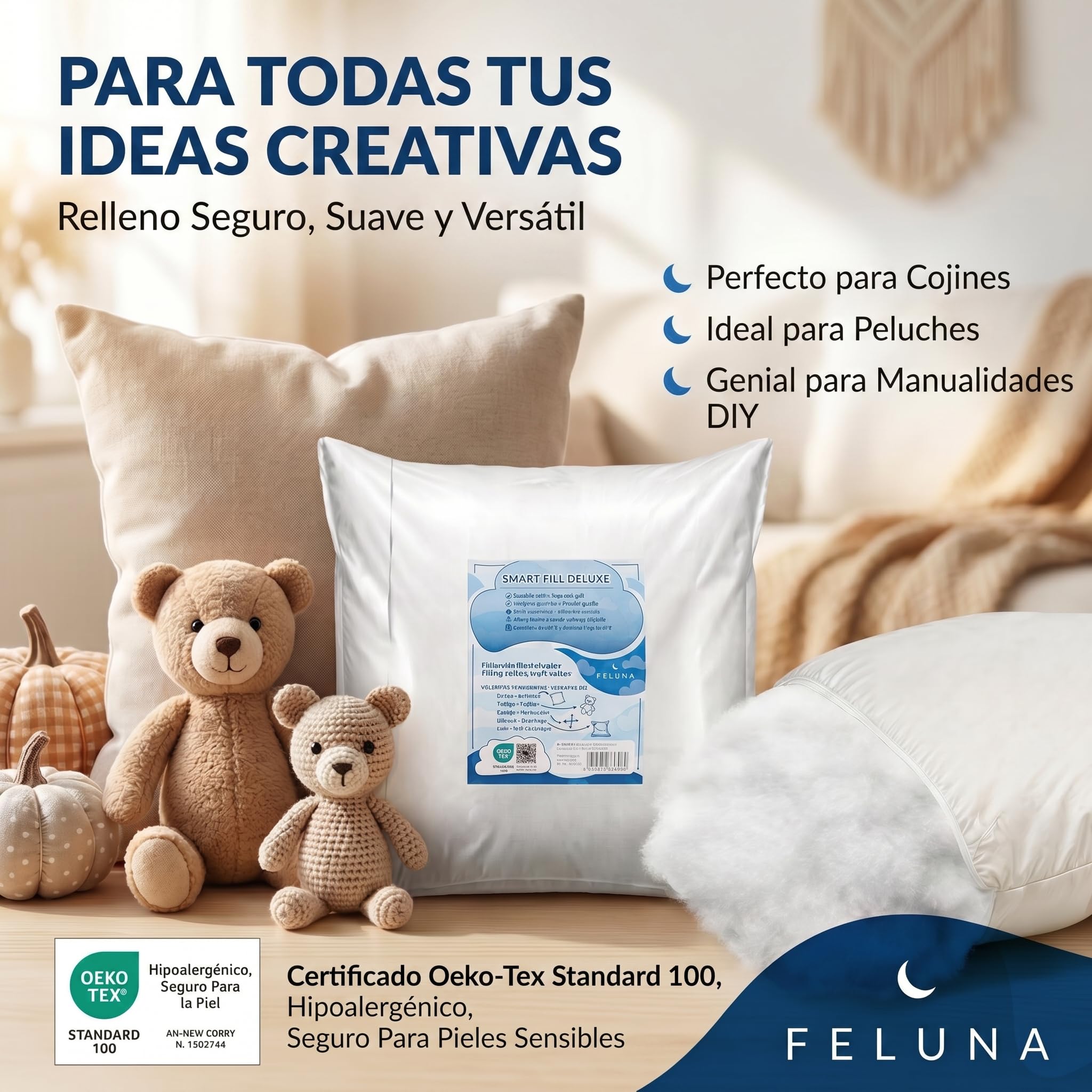 Guata de relleno para cojines; Material de relleno de poliéster esponjoso; Guata de relleno para cojines, peluches y manualidades; Certificado Oeko-Tex (4 kg)