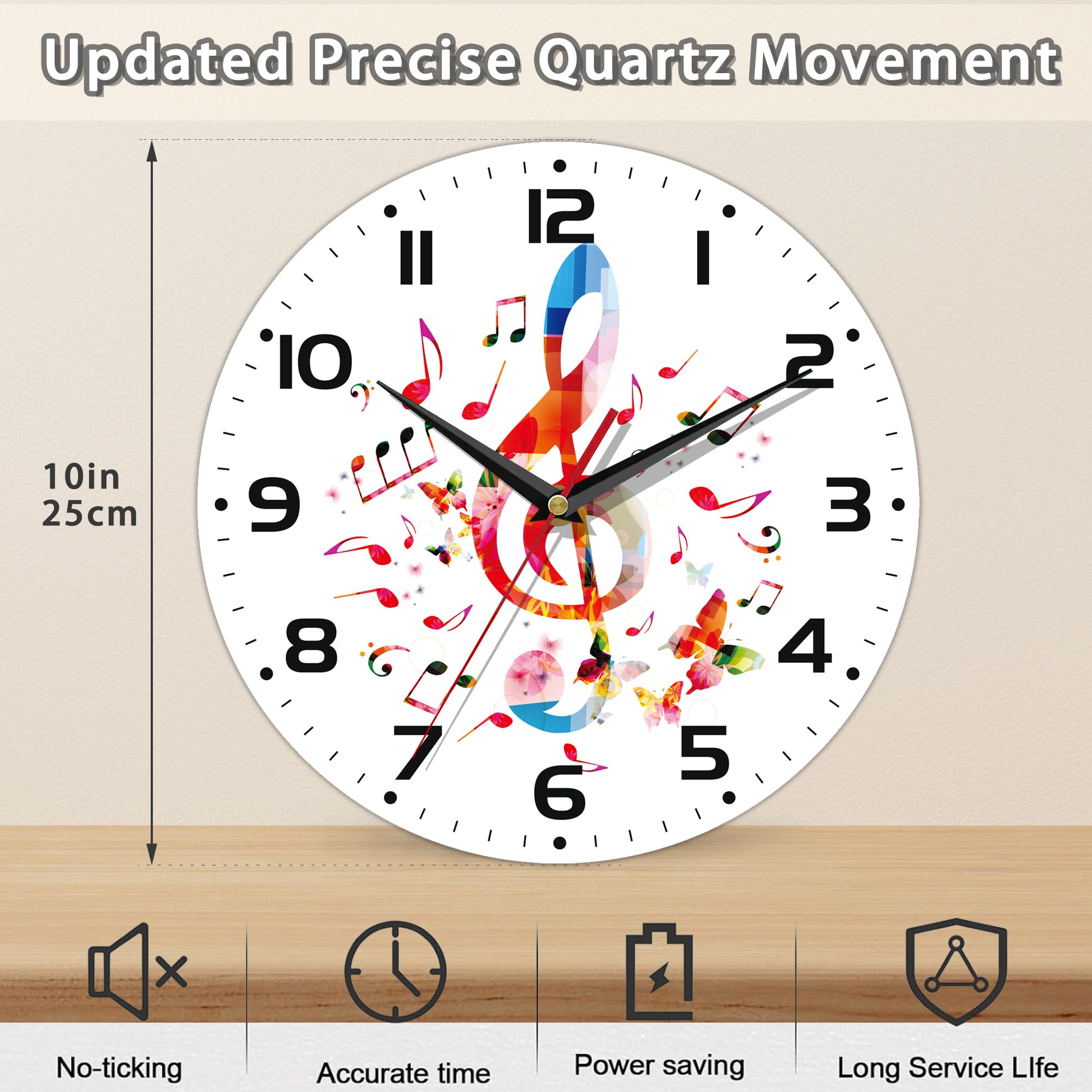 DEMACYA Clock for Living Room, Colorful Music Notes Wall Clock, Contemporary Home Decor Easy to Read Wall Clock for Living Room, Bedroom, Bathroom and Kitchen, 10 Inch