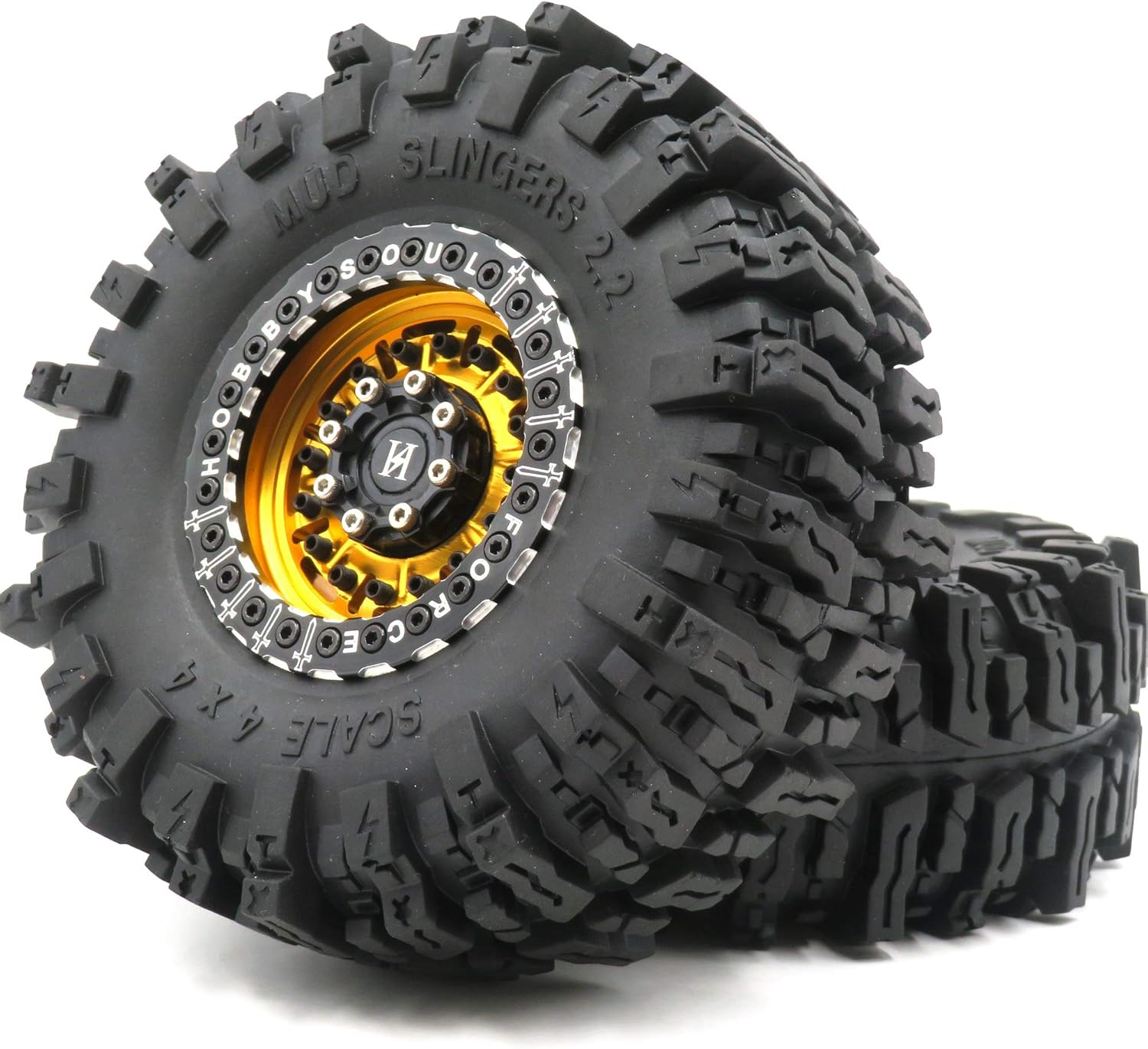 2PCS 2.2 Beadlock Wheels and Tires 124mm Tall Soft Sticky Mud Slingers tyre & Aluminium Rims for 1/10 RC Crawler Truck TRX4 SCX10 Capra Wraith Upgrades,HS700627-2