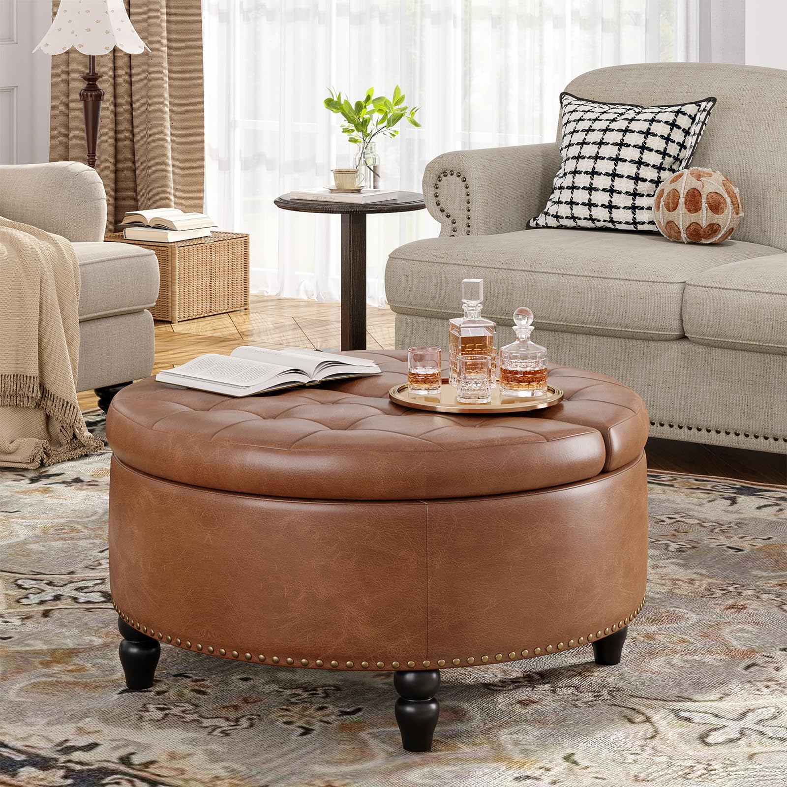 Round Leather Storage Ottoman