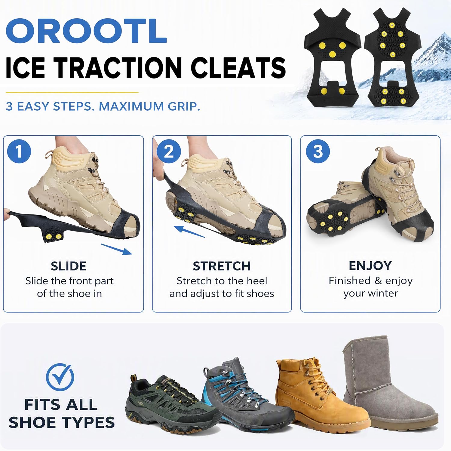 Ice Cleats for Shoes and Boots Ice Snow Grippers Anti-Slip Crampons 10 Studs Traction Cleat for Women Men Kids Hiking Fishing Walking Running Jogging