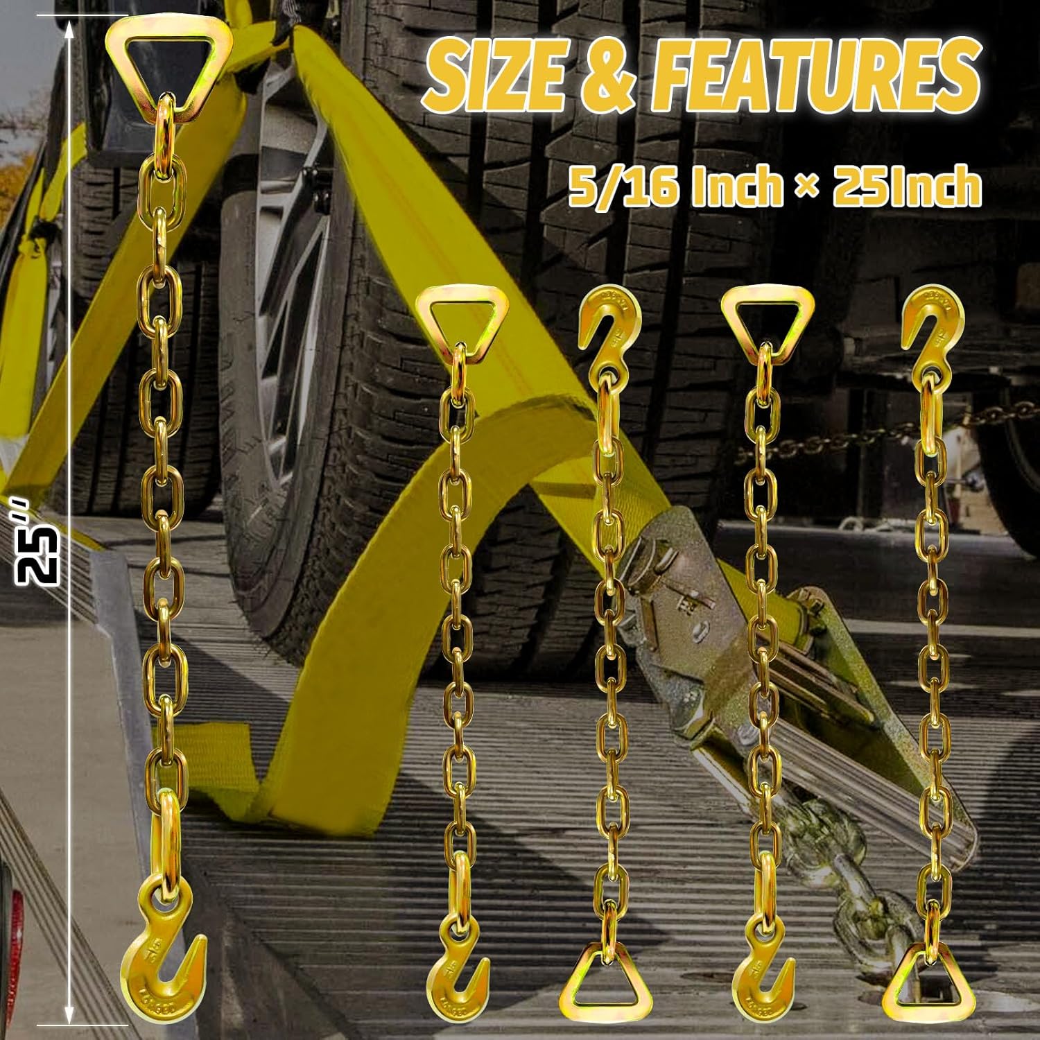 Trailer Chain Extension | 5/16" Ratchet Tie Down Straps with Grab Hooks | 4700 Lbs WLL Zinc-Coated Hooks | Heavy Duty Axle Tire Straps Over The Wheel for Trucks