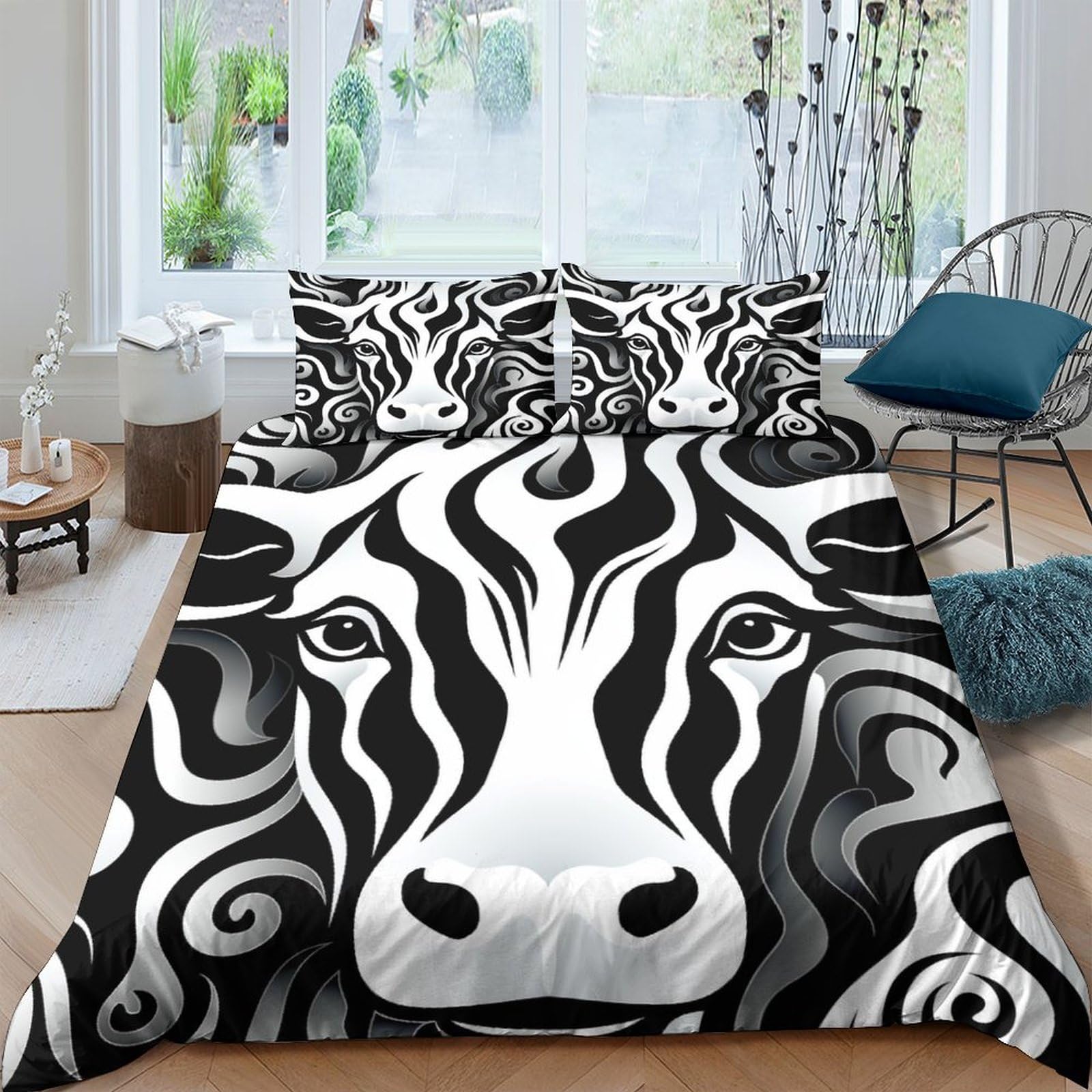 Parure de lit motif bovins noirs et blancs pour une décoration de chambre style campagne