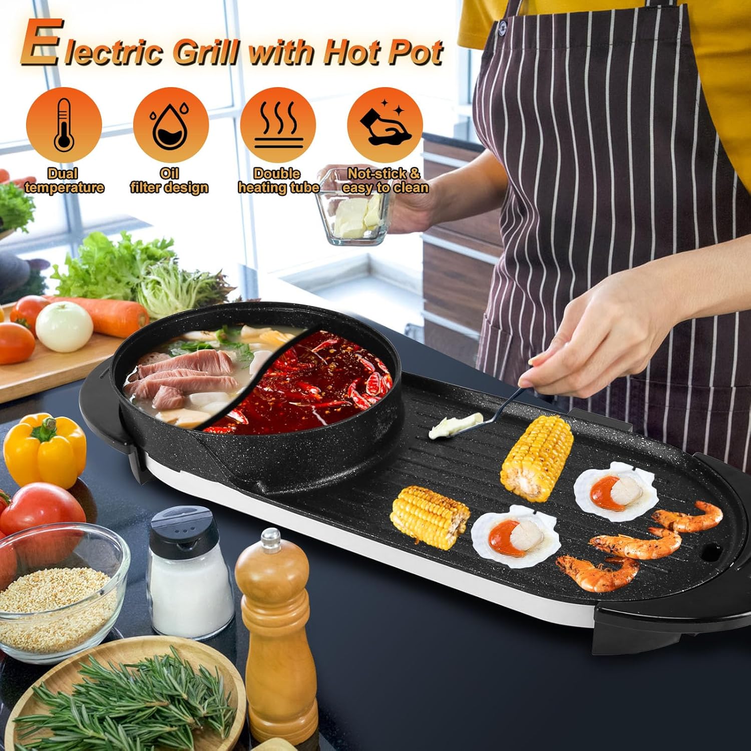 Electric Hot Pot with Grill,2 in 1 Shabu-shabu Hotpot Korean BBQ Grill for Indoor,2200W Smokeless Non-Stick Baking Tray,Separate Temperature Control,5 Gears Firepower Electric Grill for 2-10 People