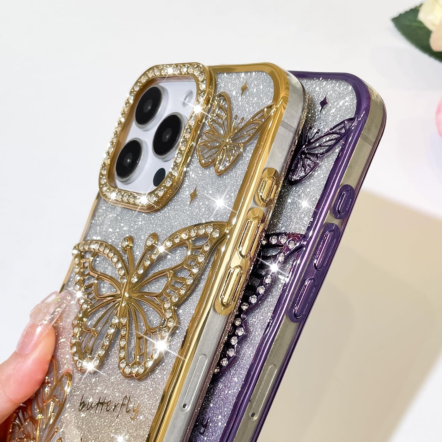 Bonoma Glitter Case for iPhone 16 Pro Max, Cute 3D Butterfly Pattern Plating Bling Case,Camera Protection Sparkly Slim Soft Back Cover for Women Girls,Gold - Image 4