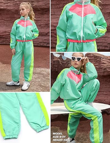 Miniatura 5 de Perfashion Conjuntos de ropa para niñas, 2 piezas, trajes de los años 80 y 90, chaqueta de neón, pantalones, hip hop, conjunto de chándal de danza