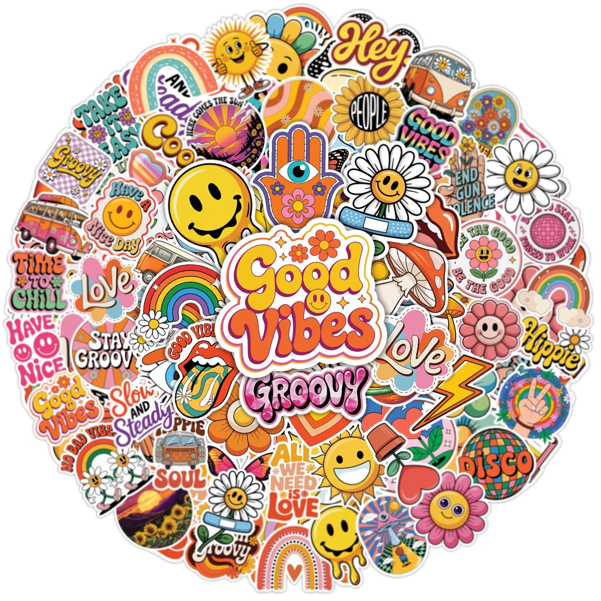 100 adesivi hippie, Groovy anni '70, adesivi retrò hippy in vinile impermeabile, perfetti per custodie di telefono, laptop, bagagli, feste di compleanno, picnic e decorazioni quotidiane