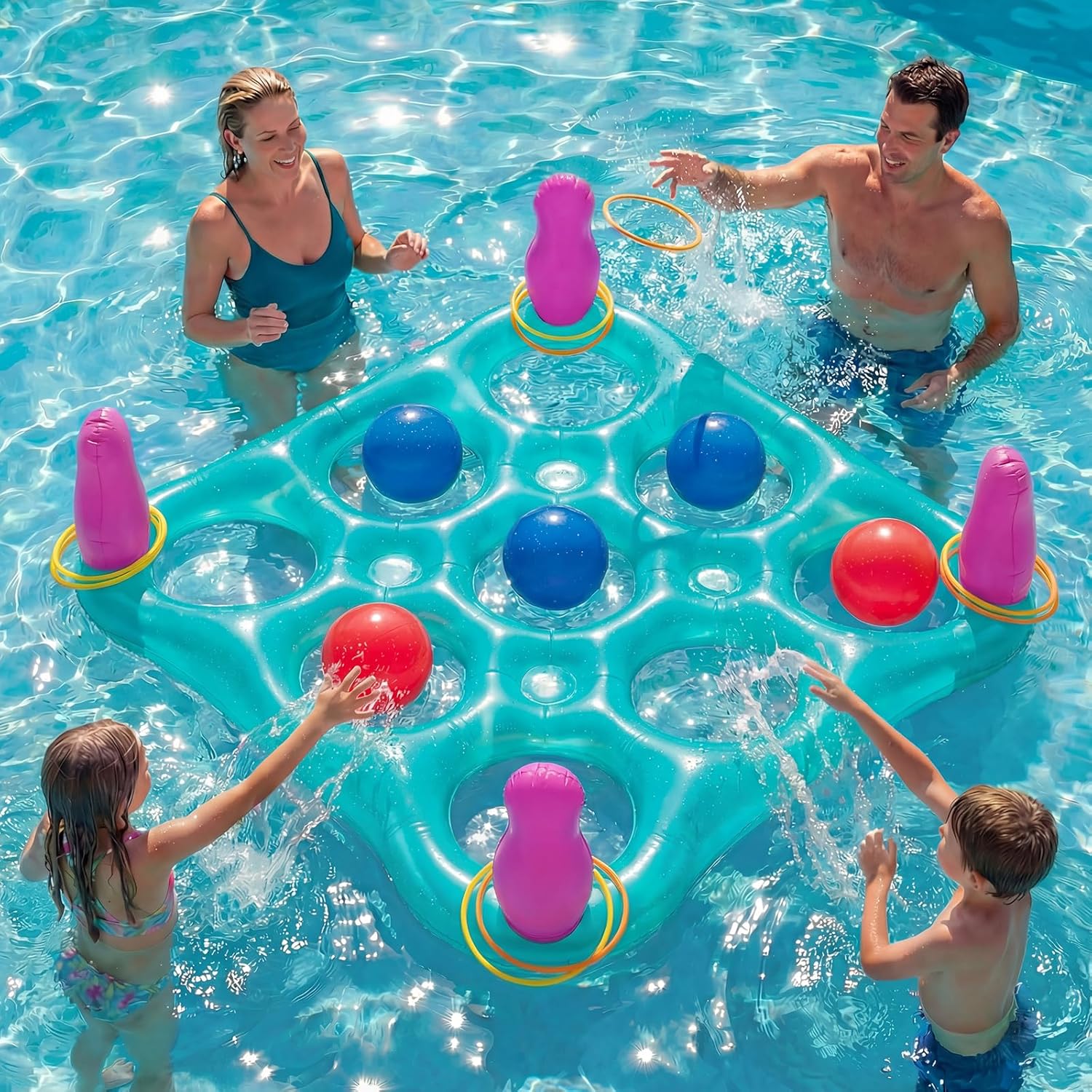 ECHTPower Tic-Tac-Toe Pool Toys Games - 2-in-1 Giant Inflatable Pool Floats with Ring Toss Set and 10 Balls, Fun Summer Party Water Beach Float Game for Adults Teens Kids (Pink)