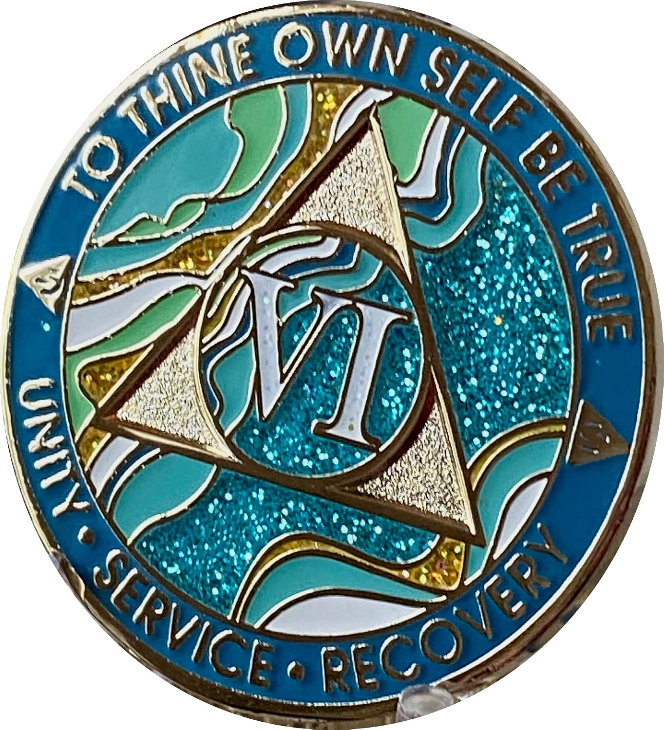 6 Year AA Medallion Elegant Marble Caribbean Aqua Glitter Blue Gold Plated Chip
