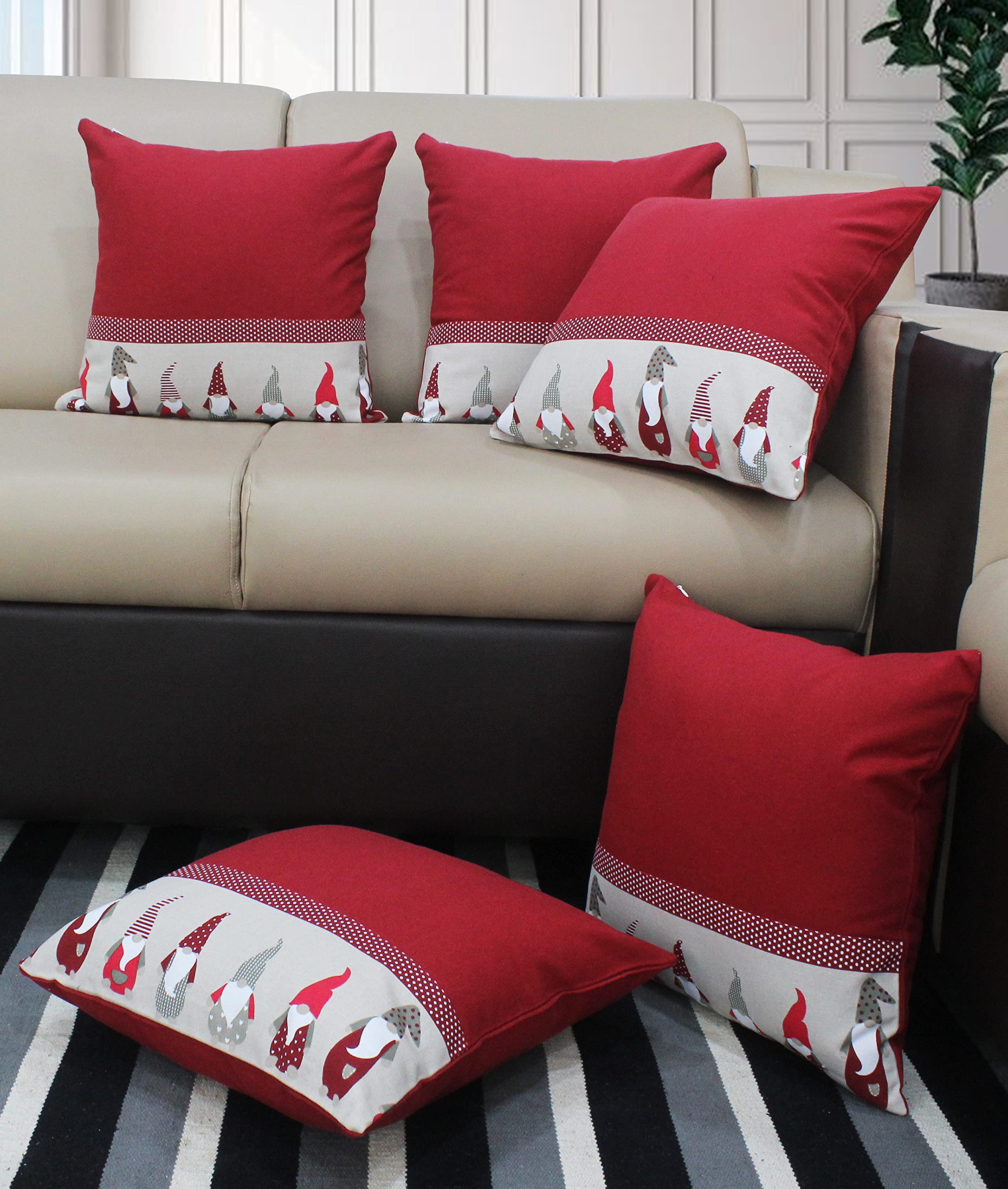 AIRWILL Cotton Genoma Broder Themed Cushion Covers for Cushions & Pillows (Red & Beige, Pack of 5)-image-47