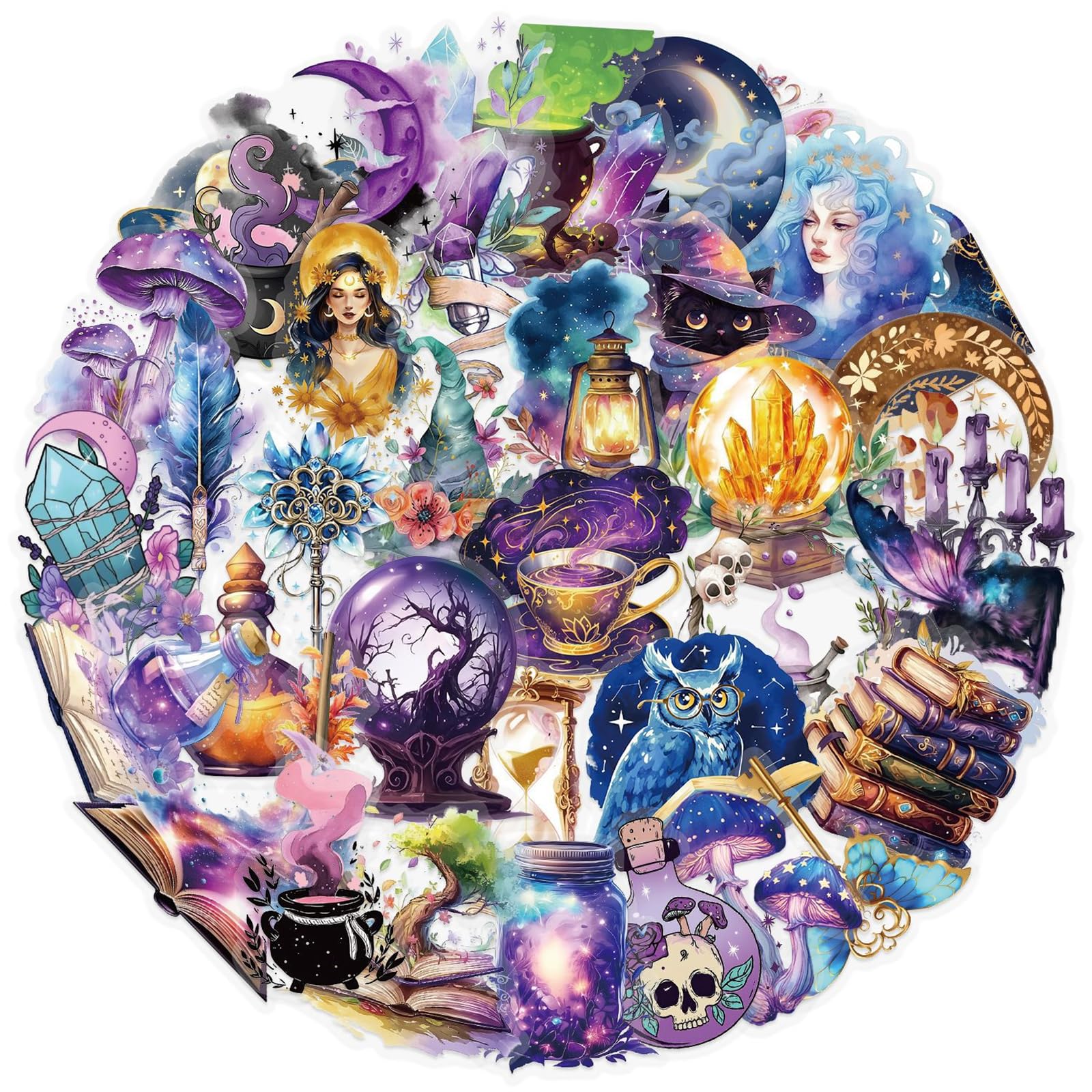 50 Pcs Mystical Witchy Fantasy Aesthetic Sticker Transparent Magical Witchcraft Stickers with Crystals,Moons,Witches,Owls,Potions,Cauldrons,Mushrooms