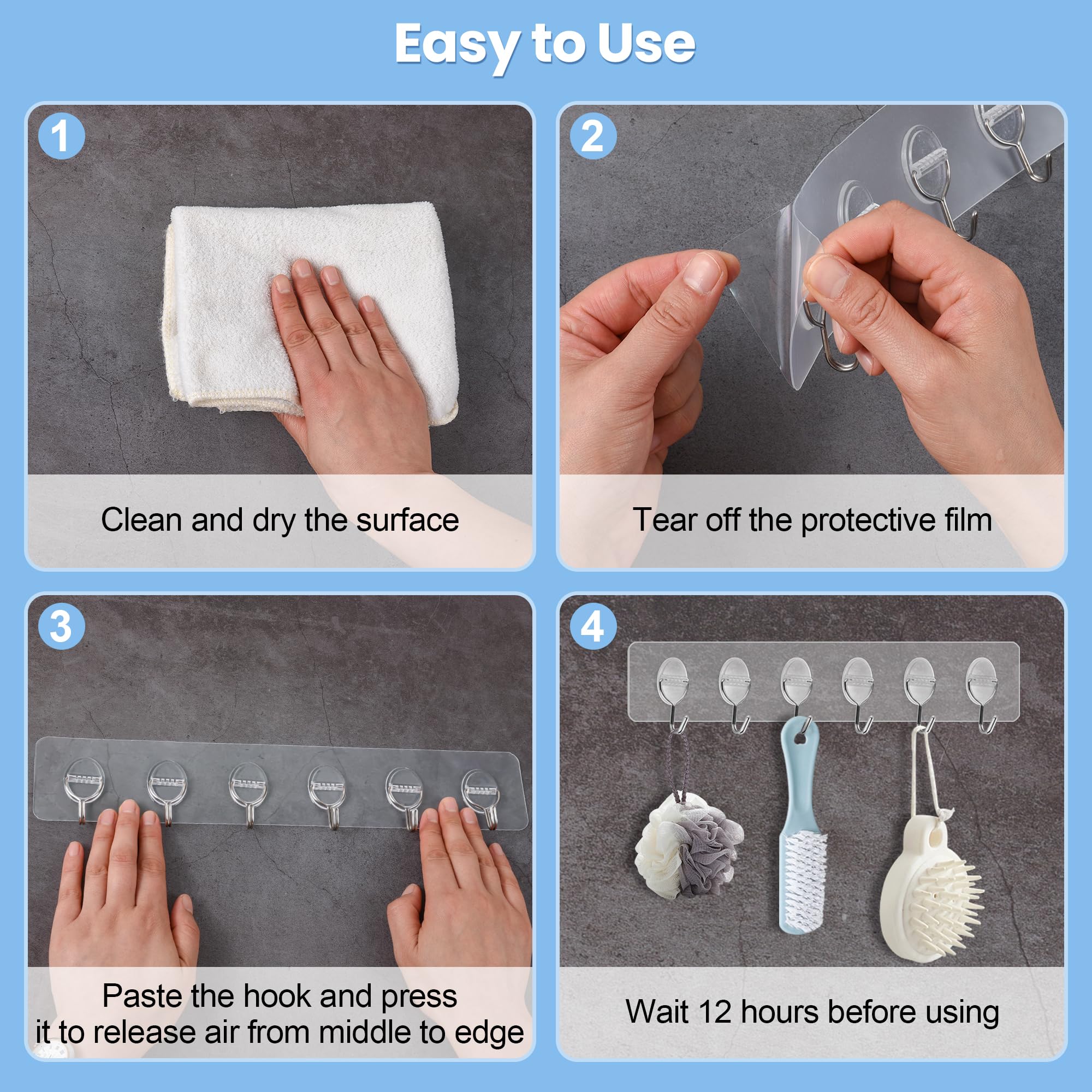 2 PCS Adhesive Wall Hooks for Hanging Sticky Clear Heavy Duty Hangers with 6 Stainless Hooks without Nails — view 6