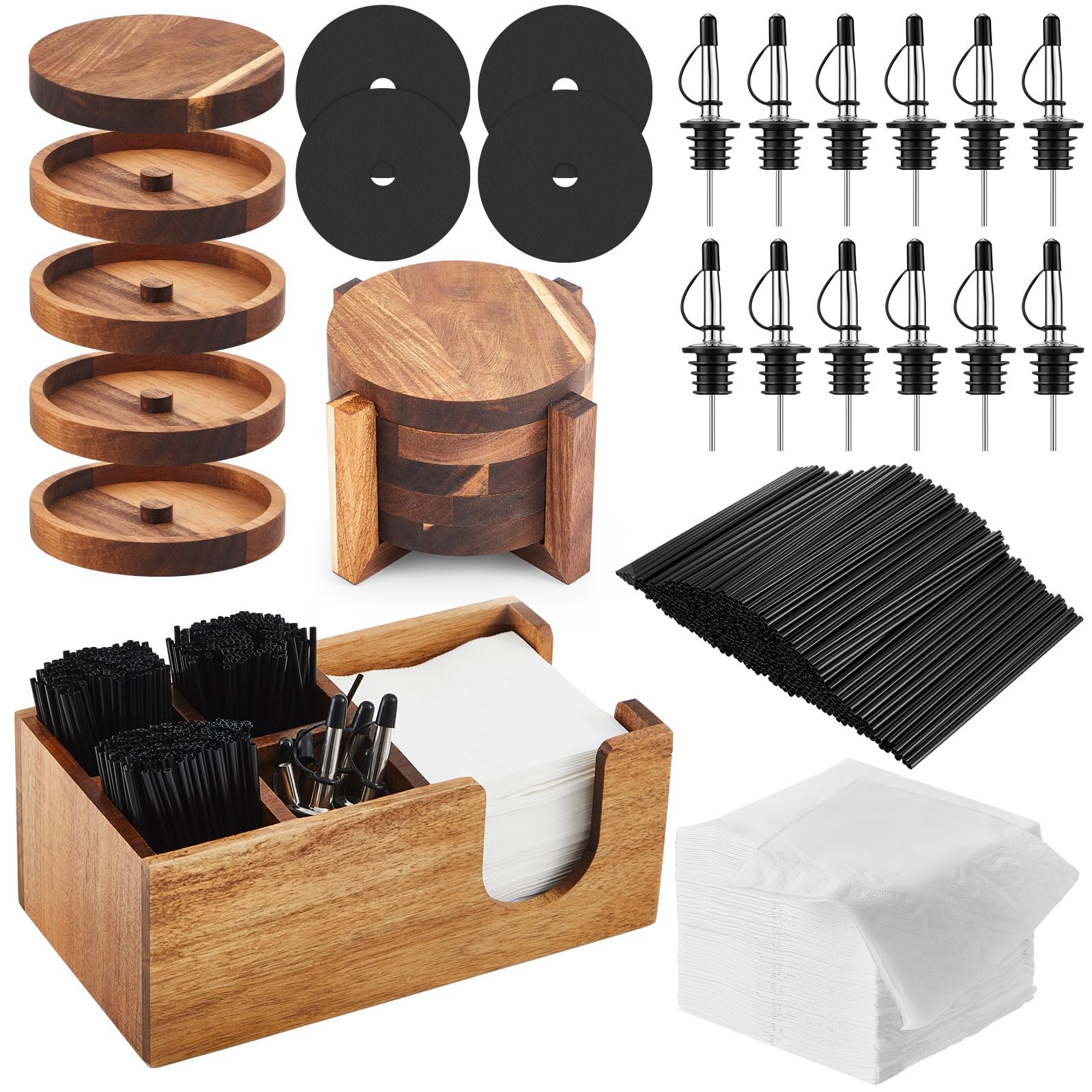Mifoci Barista multifunzione a 5 ripiani in legno di acacia con 12 pezzi in acciaio inox classico versatore per bottiglie con 6 scomparti, 1000 pezzi mescolatori per caffè e cocktail 200 tovaglioli