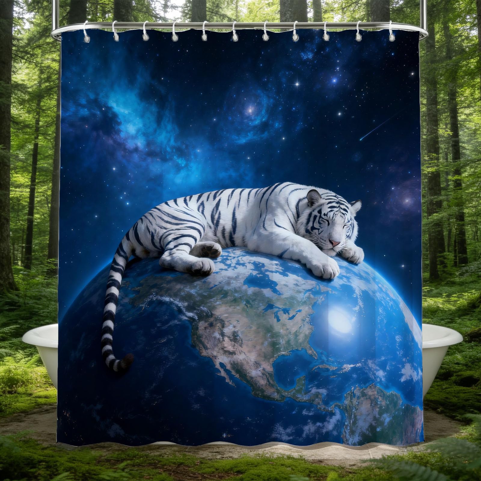 Hongduo 3D White Tiger Shower Curtain for Stalls Bathtubs Earth Bathroom Decor Shower Curtain Set Polyester Fabric Waterproof 200x200cm/79X79 Inch with Hooks