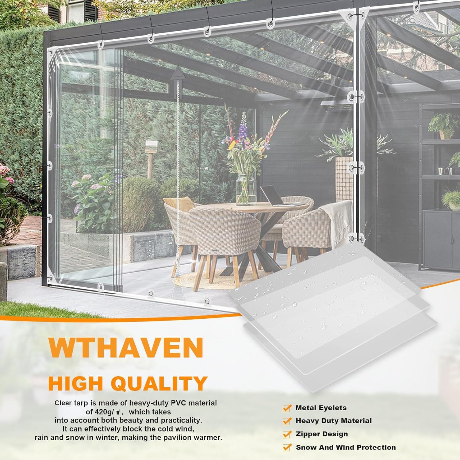 Transparente Plane, robuste PVC-Plane mit Reißverschluss, wasserdicht, staubdicht, winddicht, reißfest, mit Ösen und Seilen, für Gewächshaus, Terrasse, Garten, Outdoor, 3 x 3 m