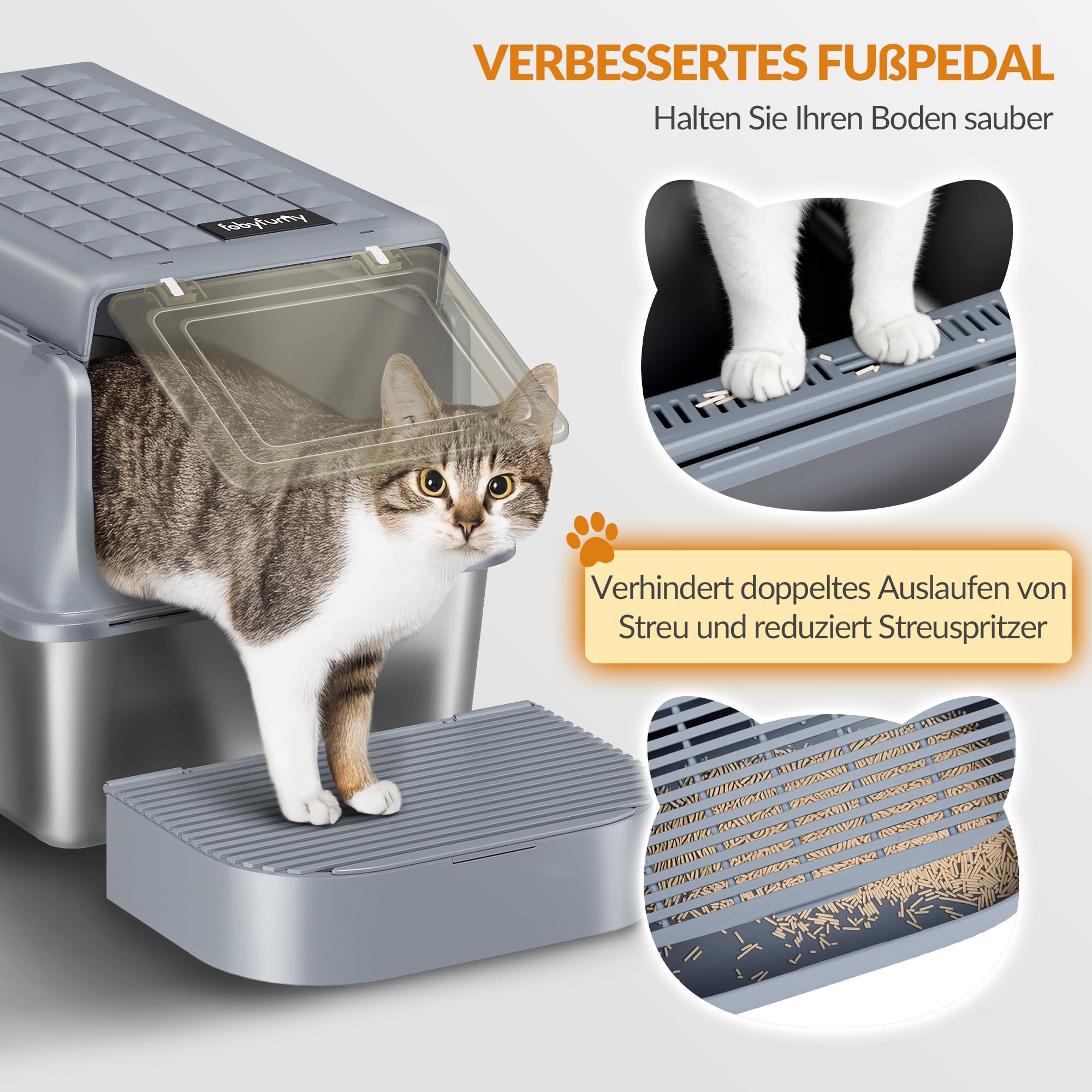 Edelstahl-Katzenklo mit Deckel, XXL Geschlossene Metall-Katzenklo, Katzentoiletten mit Schaufel und Fußstufe, Herausnehmbar, 120° Klappdeckel, Leicht zu Reinigen, Dunkelgrau, FPLB001SG2