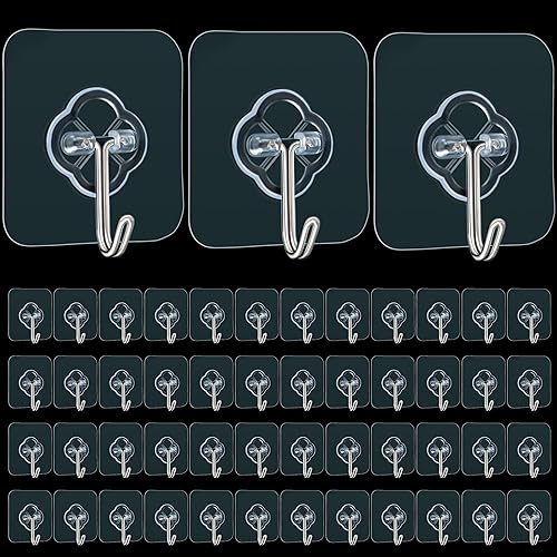 Ganchos de pared adhesivos para colgar, paquete de 50 ganchos autoadhesivos de acero inoxidable resistentes, ganchos adhesivos transparentes y a