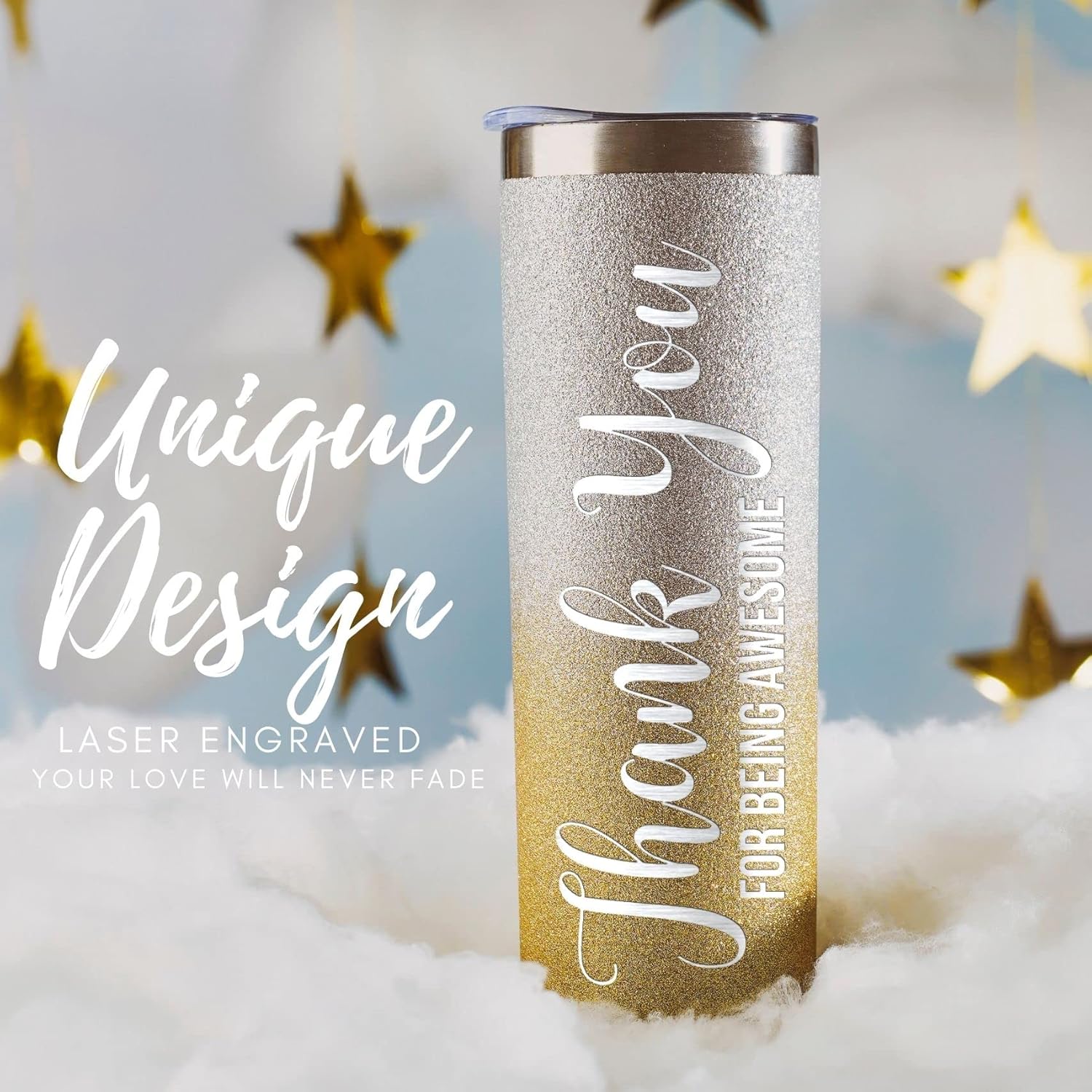 Onebttl Thank You Gifts, Thank You for Being Awesome, Appreciation Gift for Coworker, Boss, 20Oz Skinny Tumbler for Women, Glitter Silver & Gold - Image 2