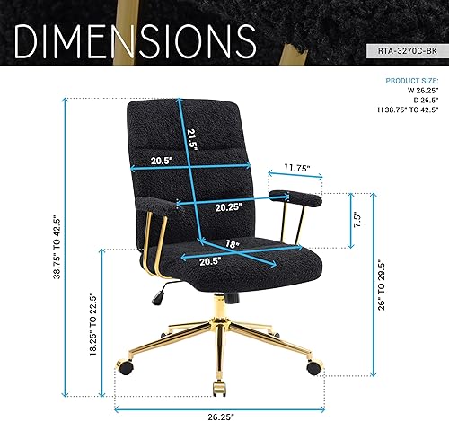 Miniatura 3 de Elegante silla de oficina negra y dorada con tela texturizada Boucle, moderna silla de escritorio con asiento acolchado, altura ajustable con base